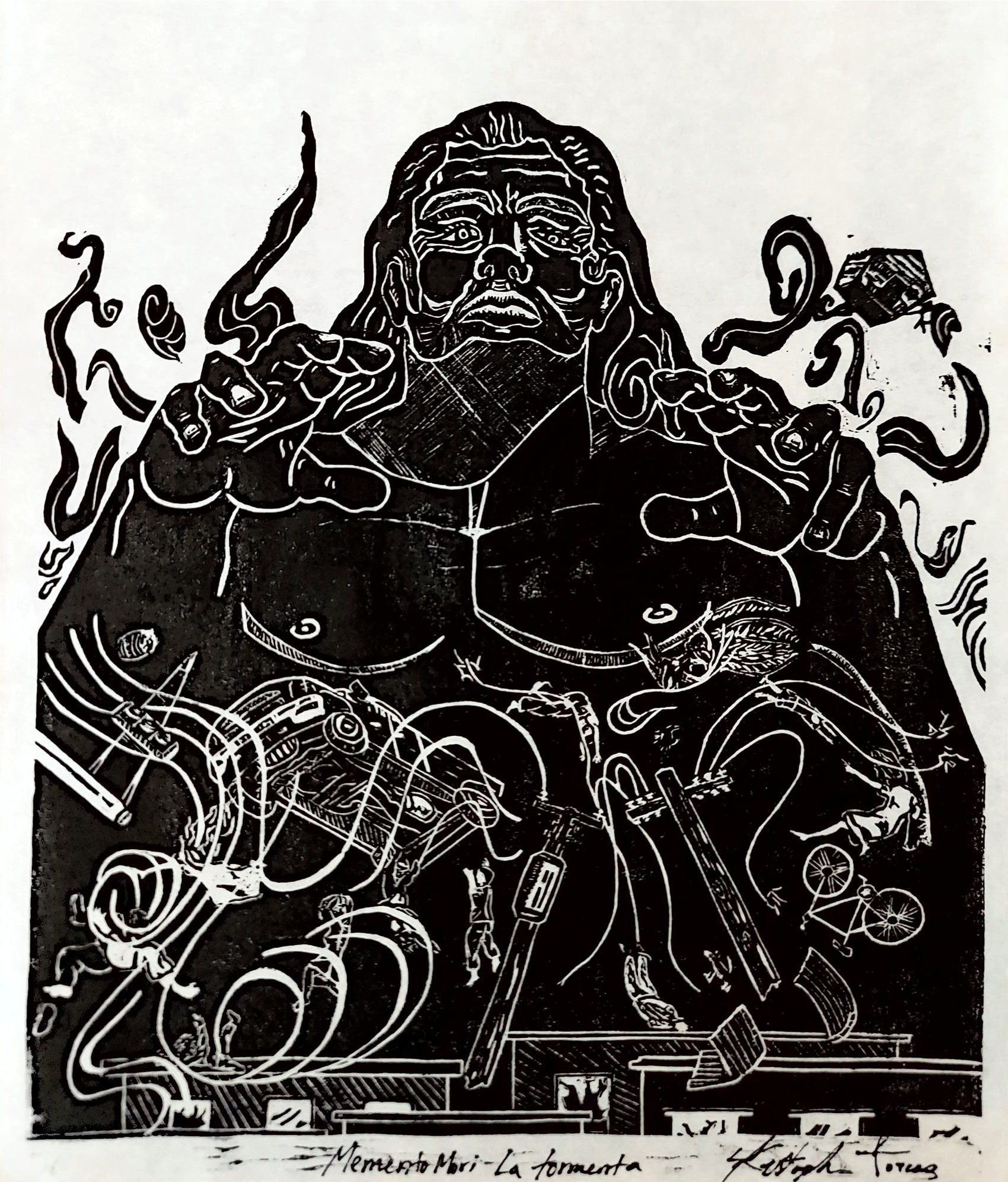 Black and white line drawing of a tall dark figure (man) with long hair, with arms outstretched. Surrounded by swirling smoke and wind, objects, people and buildings. The text at the bottom shows information about the print.