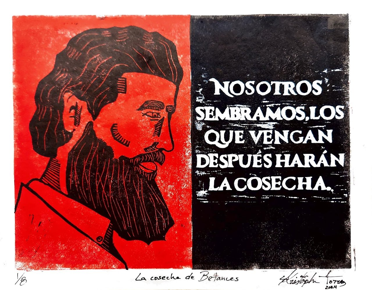 Print of a man's profile (Puerto Rican historic figure) with long hair and a beard on the left, with a quote in Spanish on the right. The text at the bottom provides info on the print.