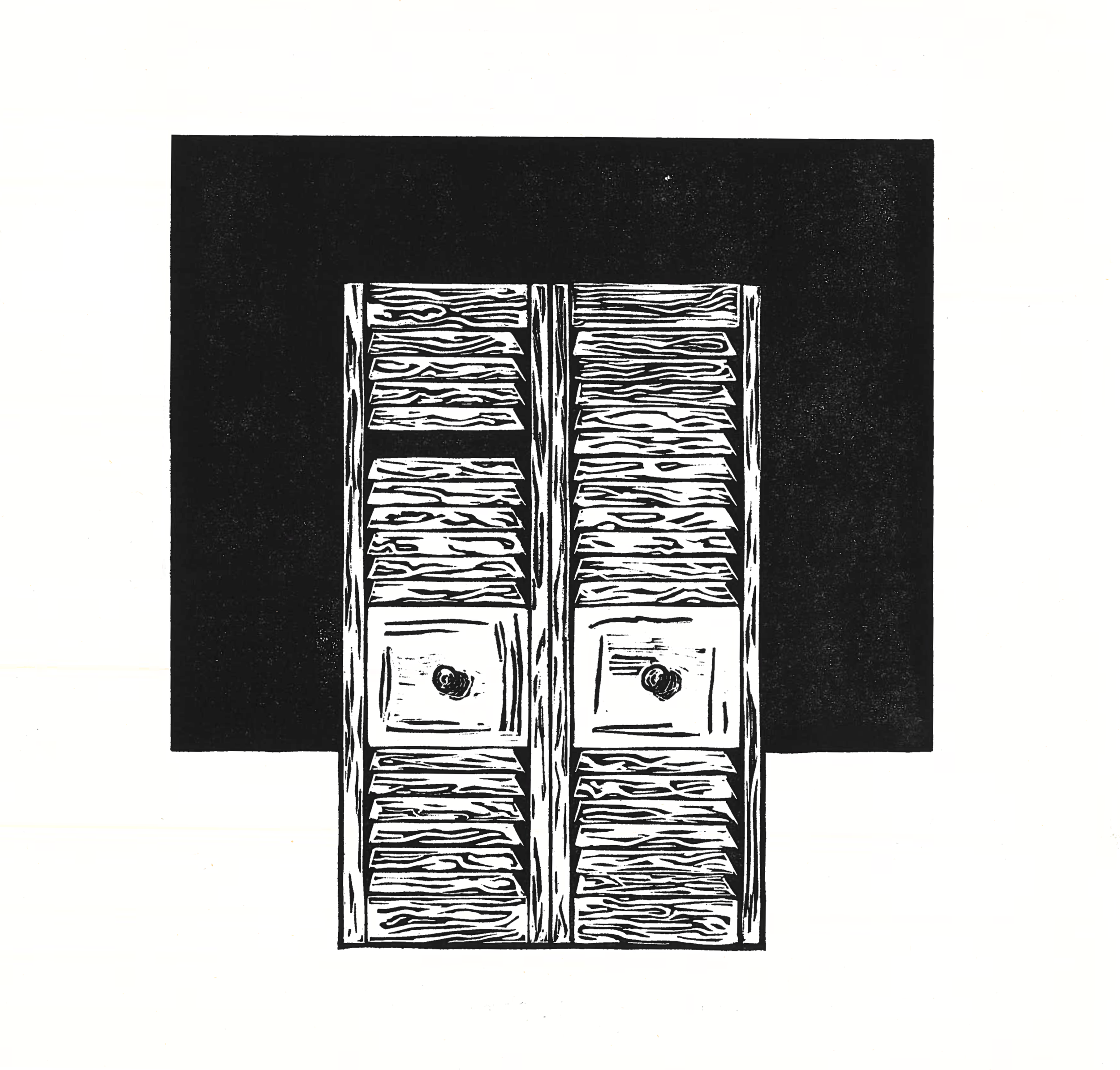 Black and white illustration (print) of a tall, rectangular closet door with a missing panel, set against a plain white background.
