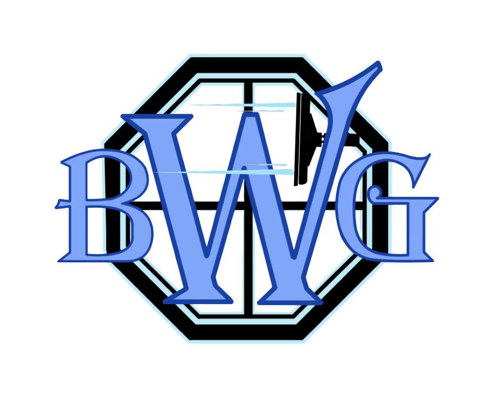 A logo with the initials B W G in blue over a black octagonal outline with a blue-glass stylized house in the background.