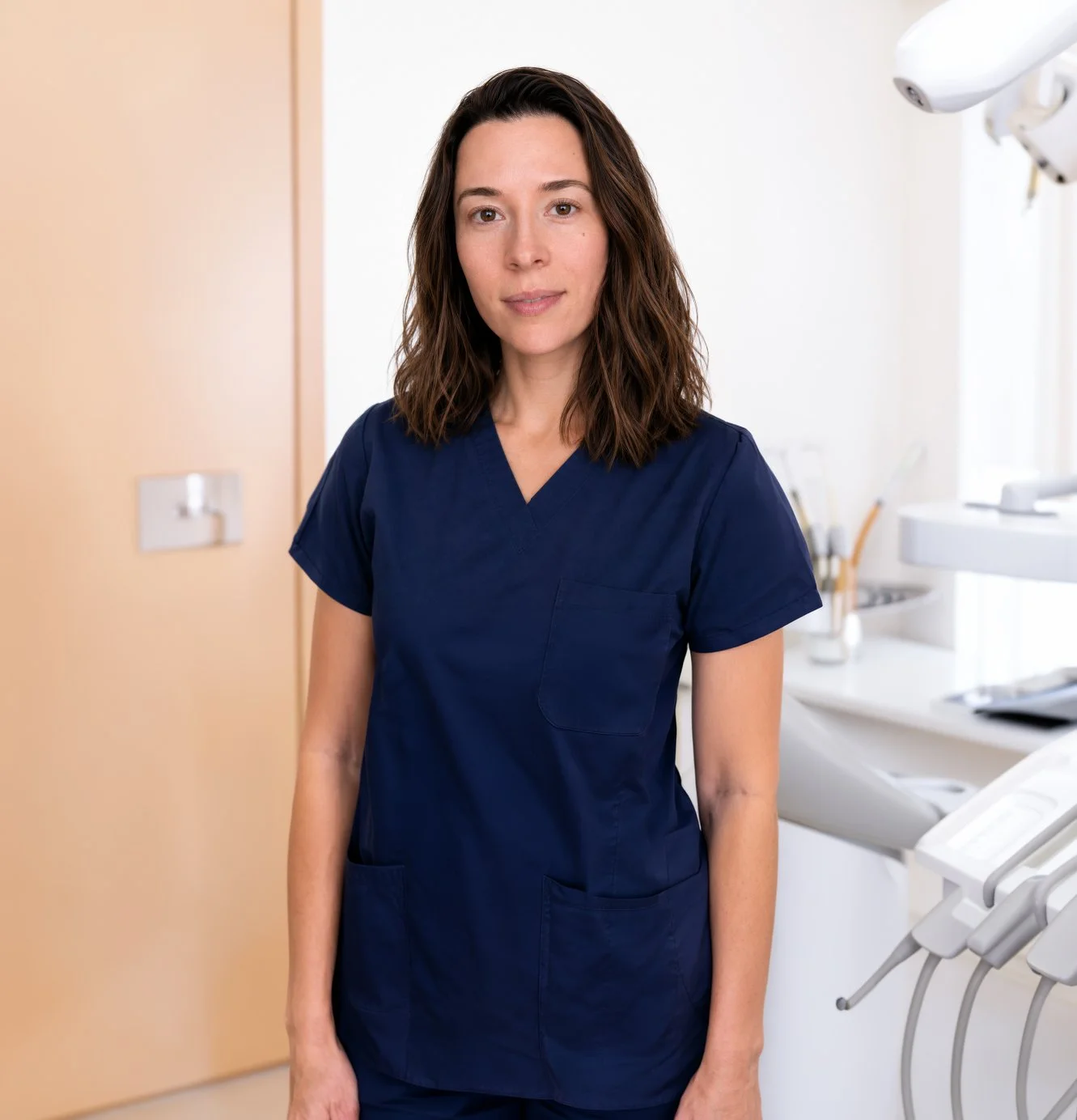 A woman wearing navy medical scrubs standing in a bright dental clinic or medical office.