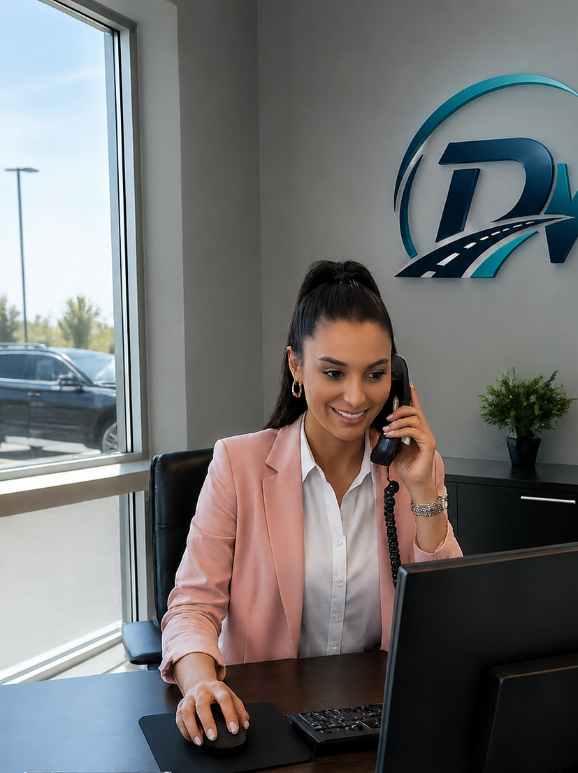 Businesswoman talking on the phone at her desk in an office