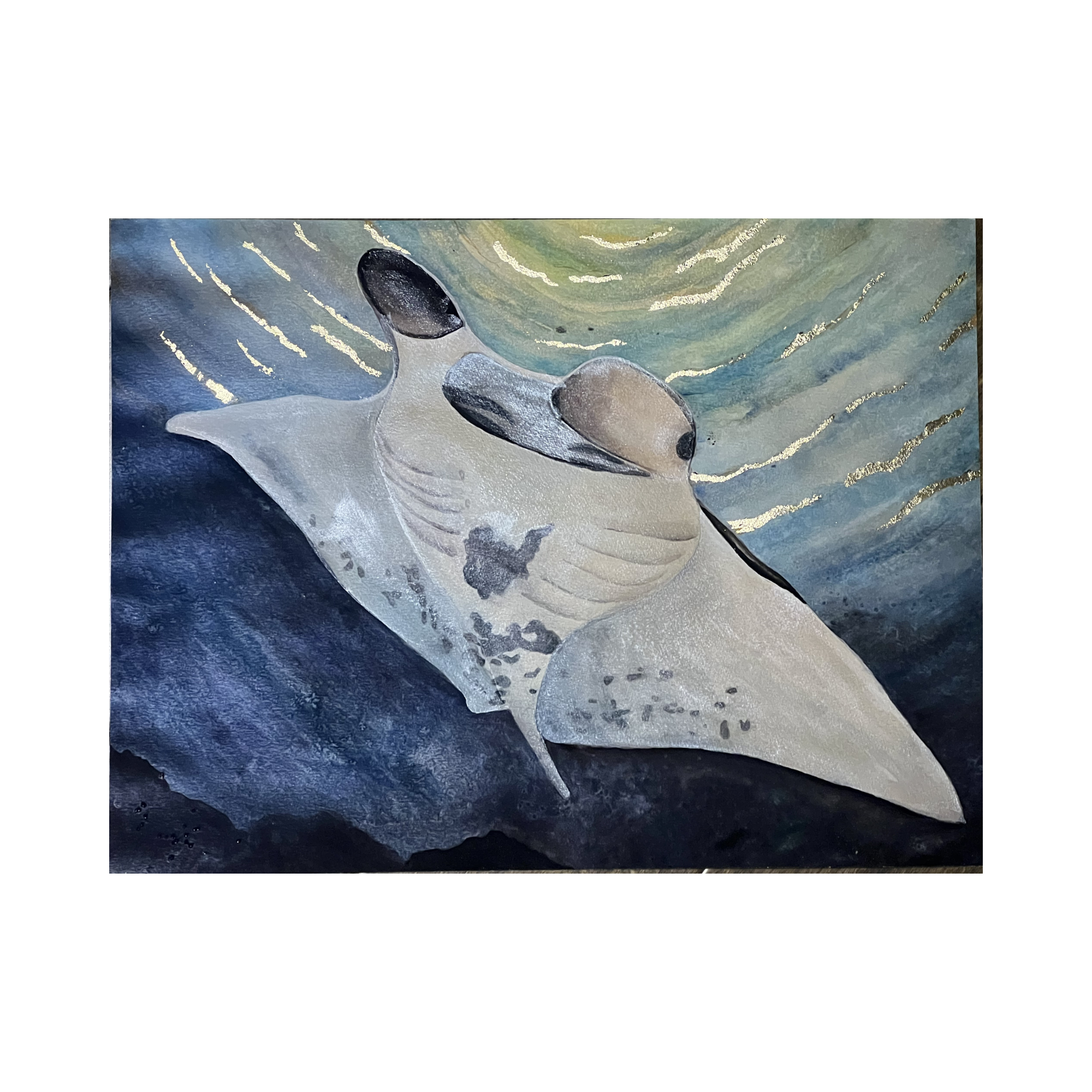 An abstract painting featuring a whale with a background of blue, green, and yellow swirls and gold accents.