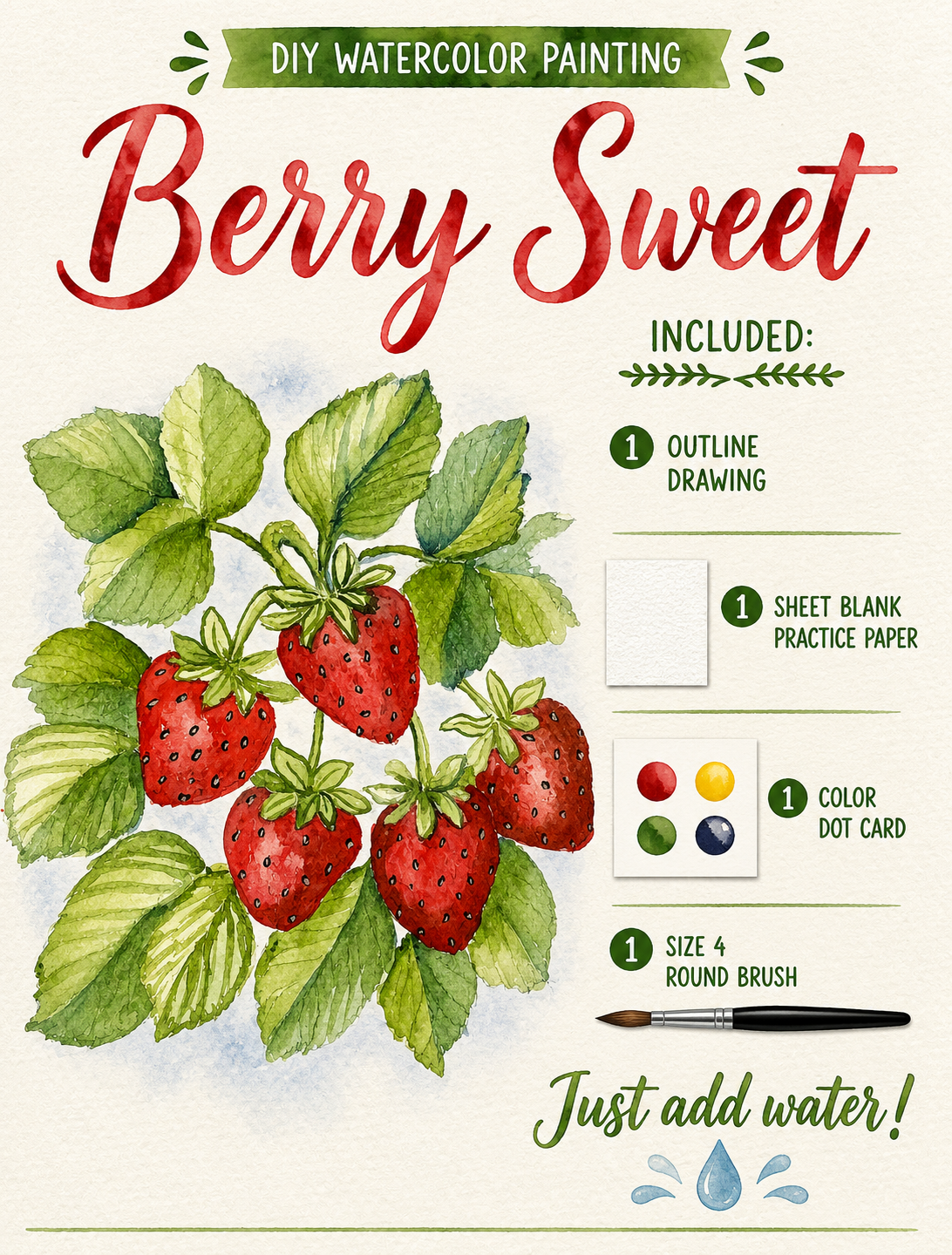 A watercolor painting of a strawberry plant with ripe strawberries and green leaves, part of a DIY watercolor painting guide titled 'Berry Sweet'.