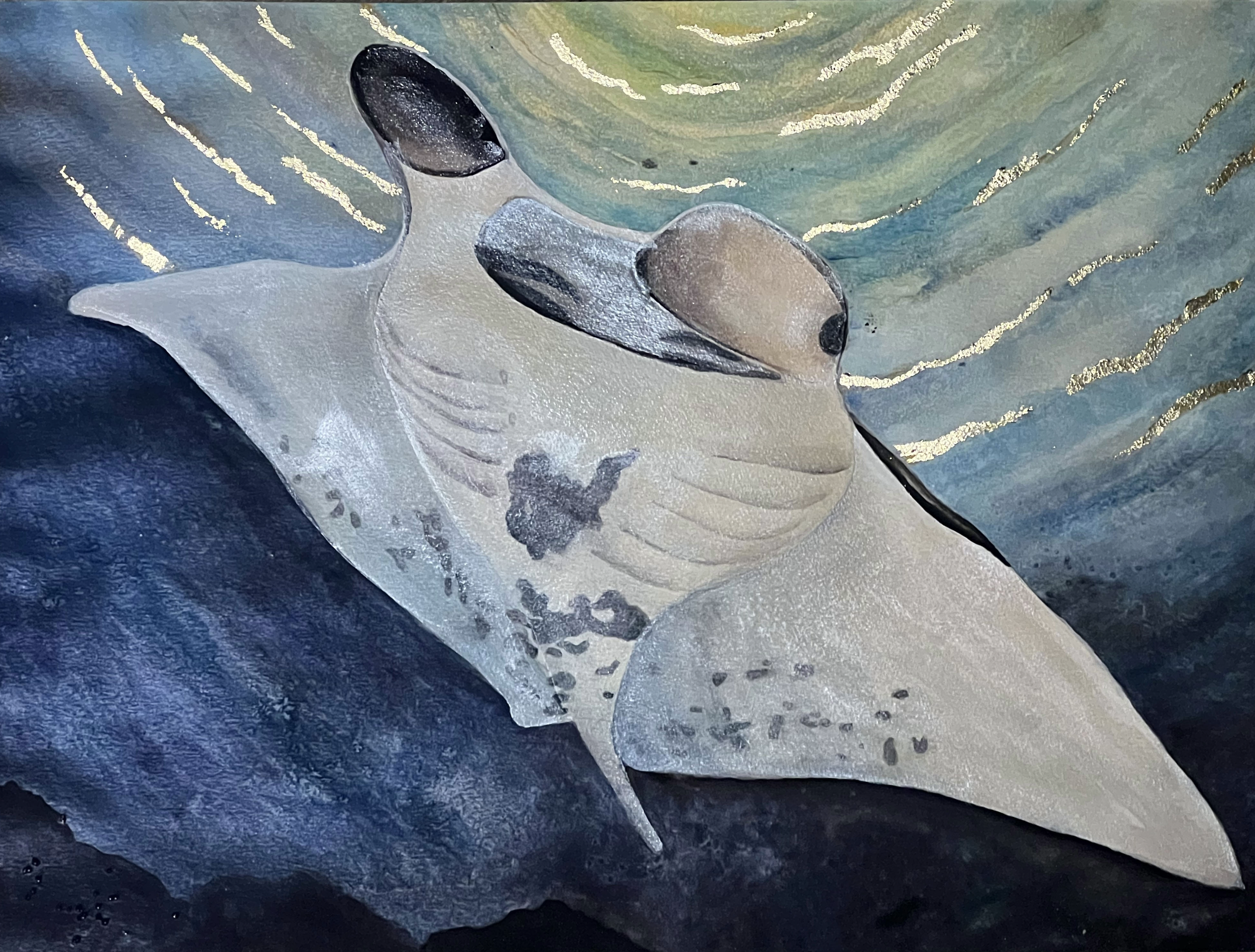 A watercolor painting of a manta ray