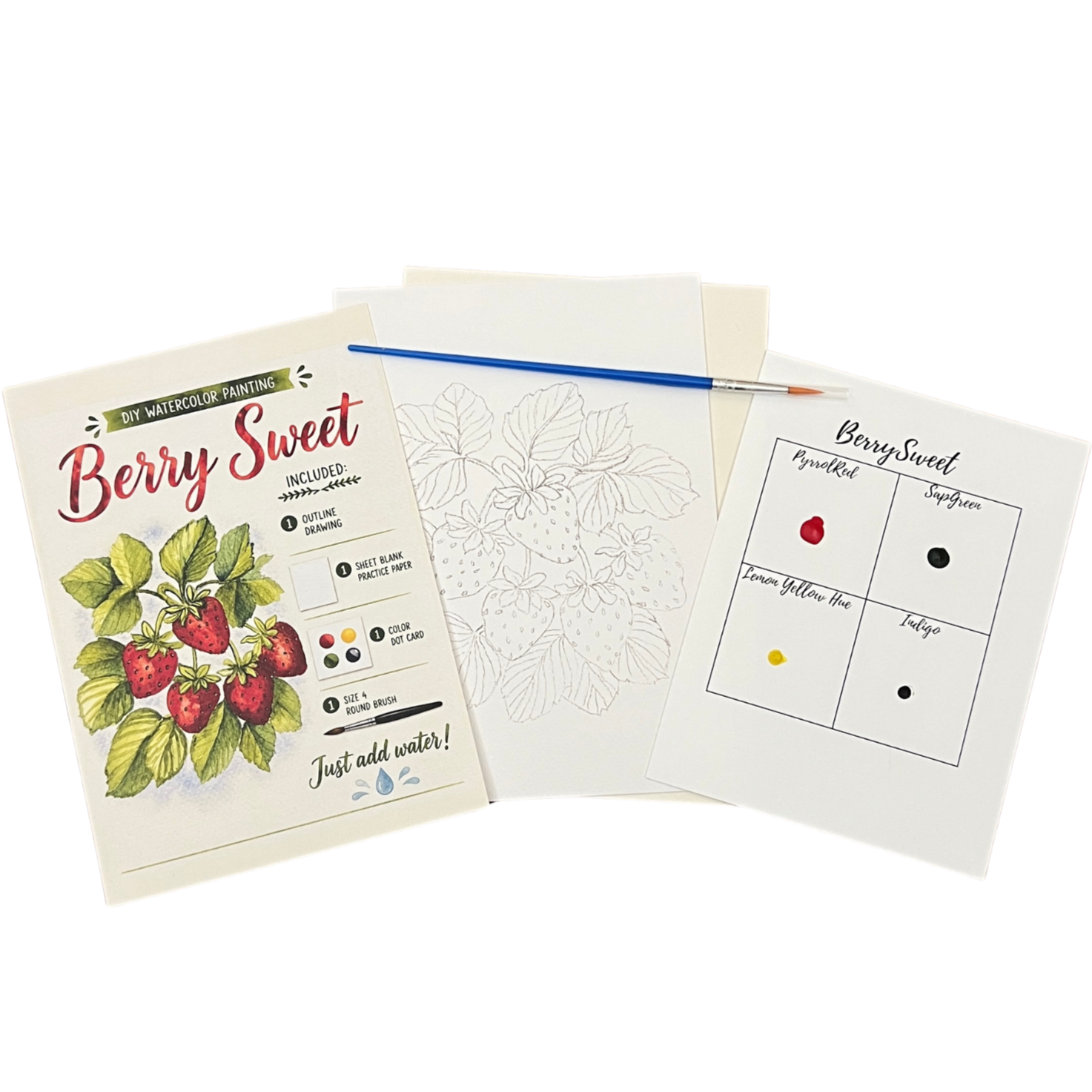 A strawberry-themed watercolor painting kit with illustrated instructions, a sketch of strawberries and leaves, and a color palette with dots of red, yellow, black, and green paint.