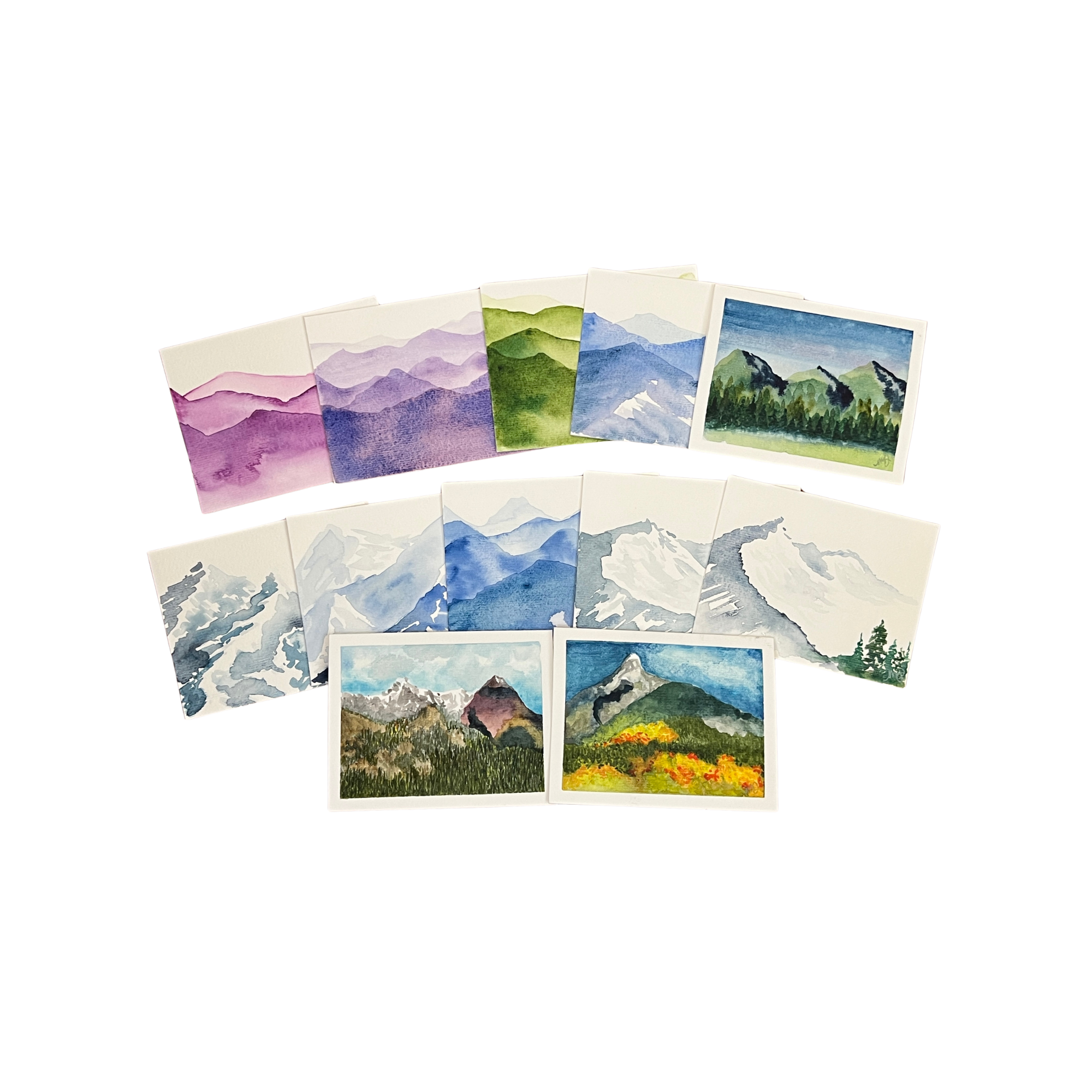 A collection of watercolor paintings of mountains, ranging from purple to green to blue, with some showing snow caps and wooded landscapes.