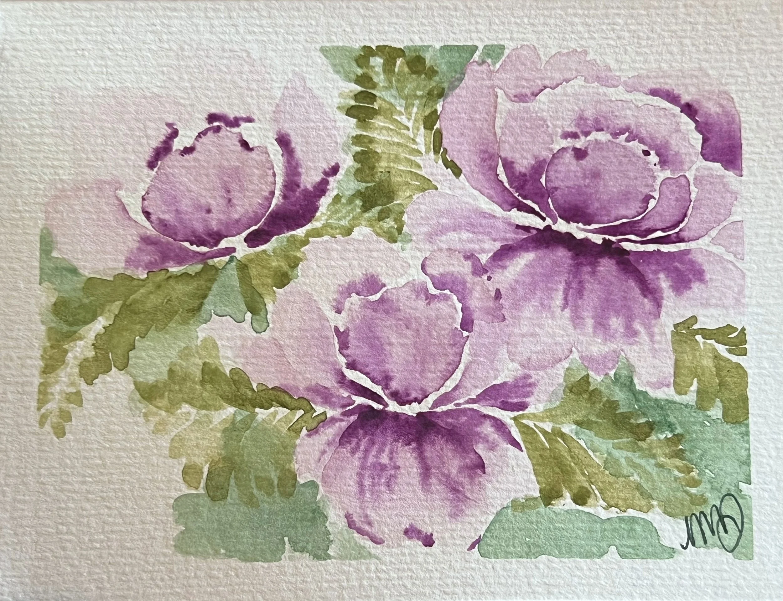 A watercolor painting of pink roses with green leaves on textured paper.