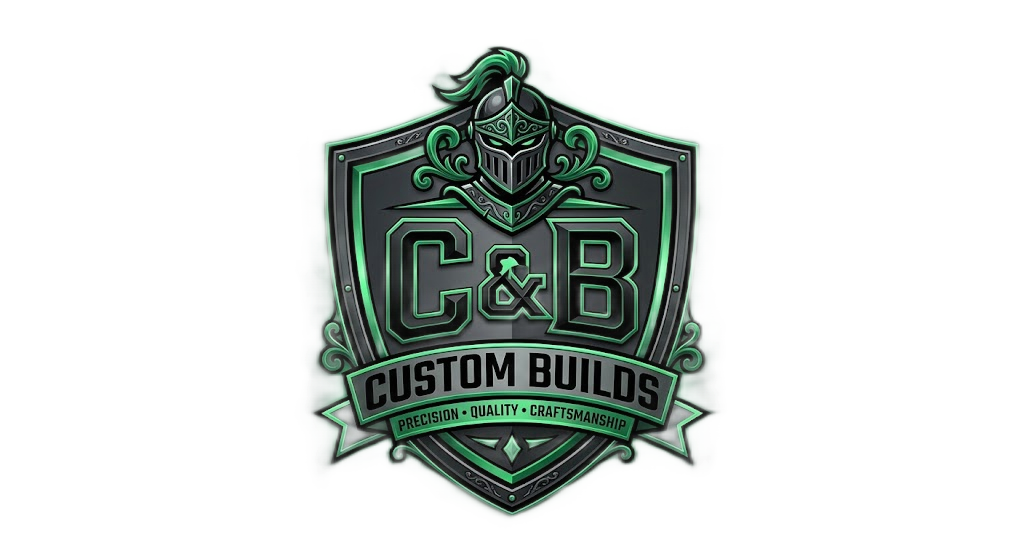 A logo featuring a medieval knight helmet with a plume, a shield with a green outline, and the text 'C & B Custom Builds' with a banner below reading 'Precision, Quality, Craftsmanship'.