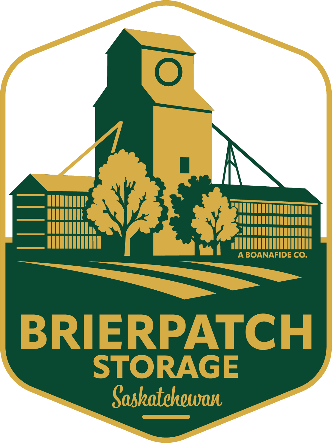 Logo for Brierpatch Storage in Saskatchewan featuring an illustration of a grain elevator, trees, and farm buildings.