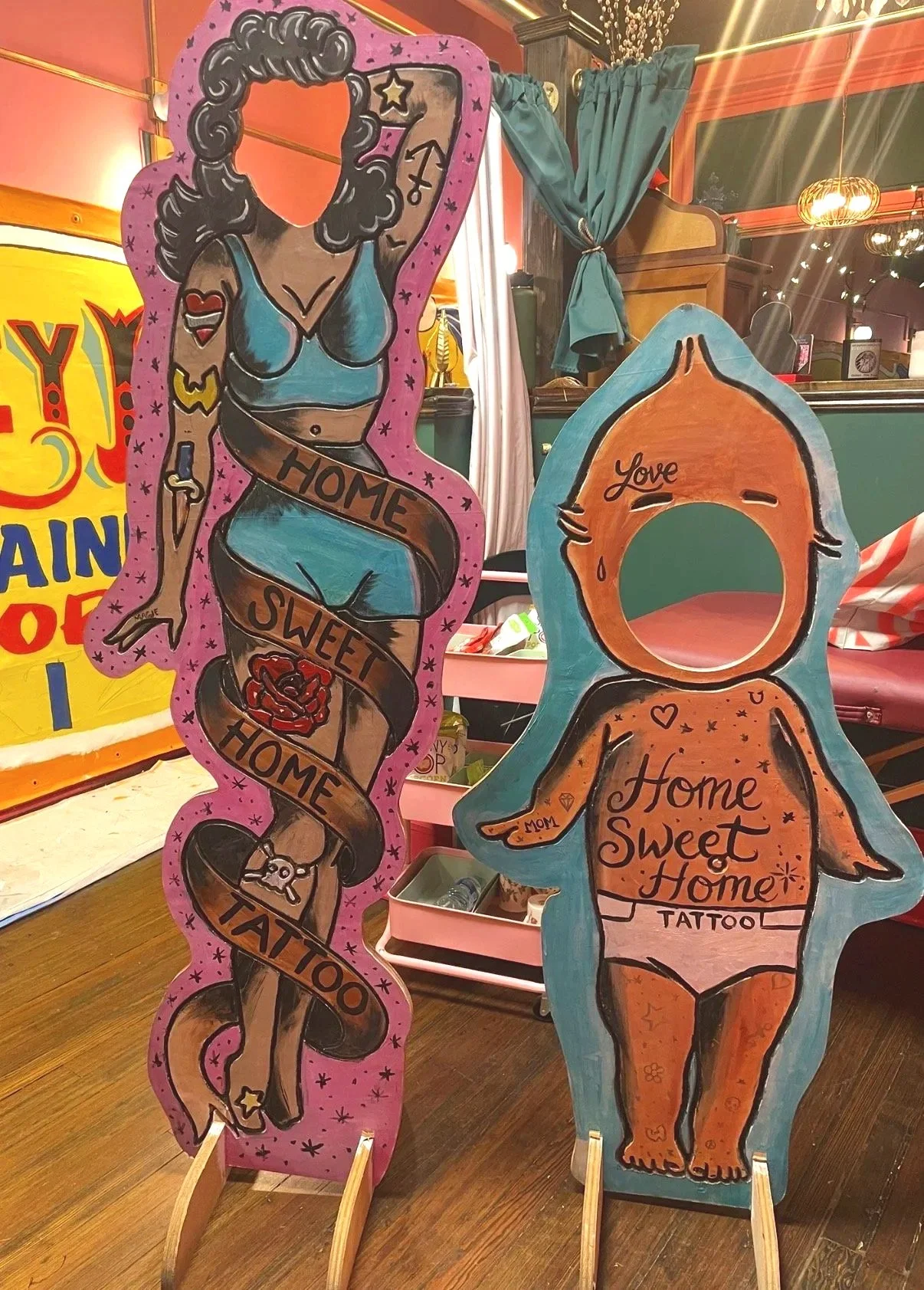 Carnival style cut outs, life sized, for Home Sweet Home Tattoo, 2018,2024
