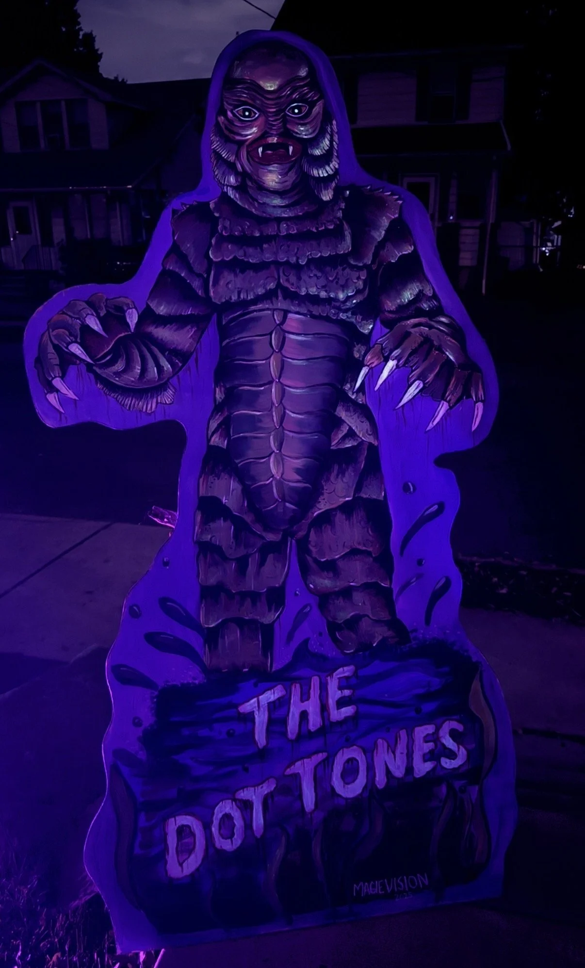 Creature From The Black Lagoon, life sized, for The Dot Tones, Glow in the dark paint, and acrylic on wood, 2025