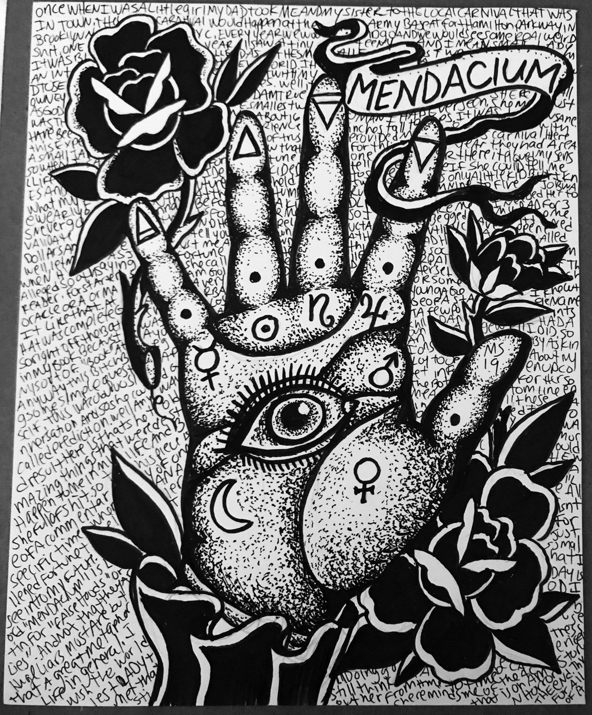 "Mendacium", pen and ink on board, 2019