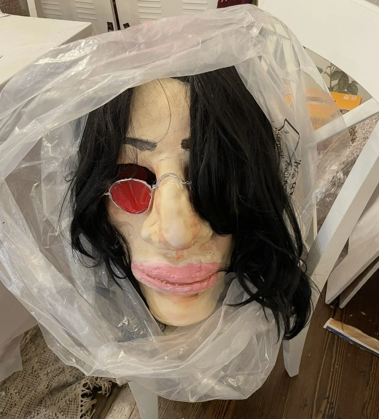 Giant sculpted Joey Ramone head, spray foam, Cosplay clay, masking tape, acrylic, on a 12' skeleton head, Prop for Punk Rock Mini Golf at Maker Park Radio, SINY 2024