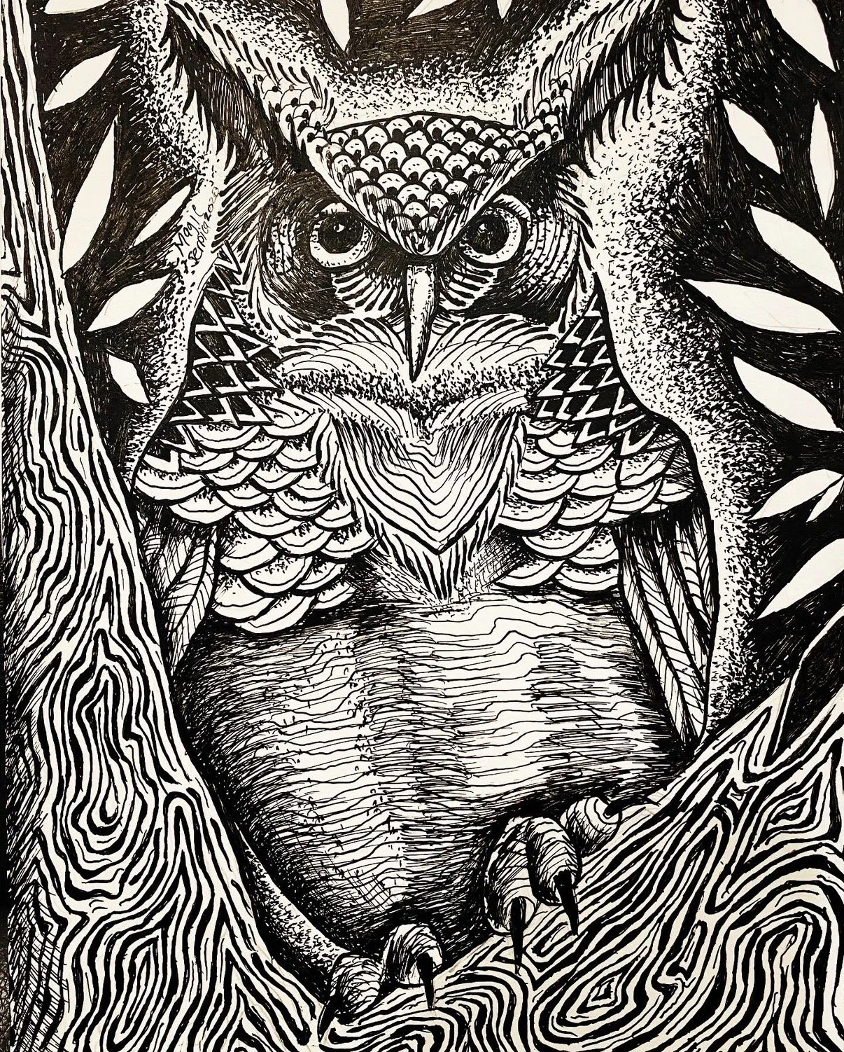 Great Horned Owl, Covid series, dip pen on board, 2020