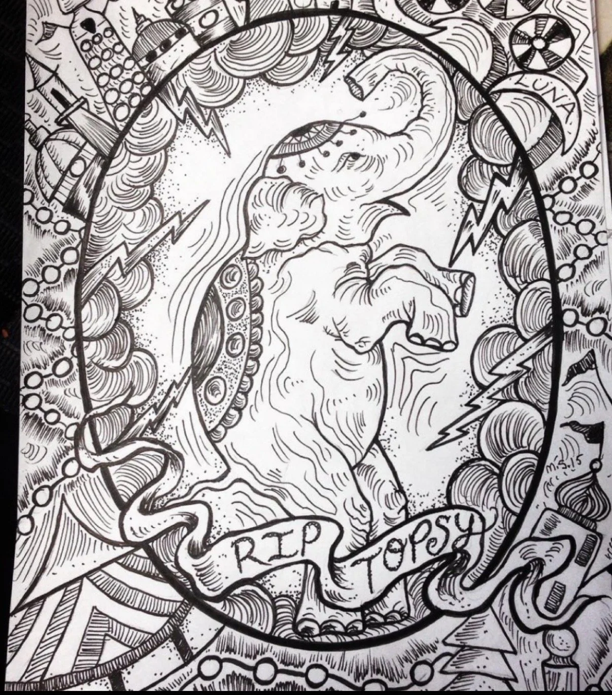 "RIP Topsy" micron pen on paper, collection of Marie Roberts, 2015