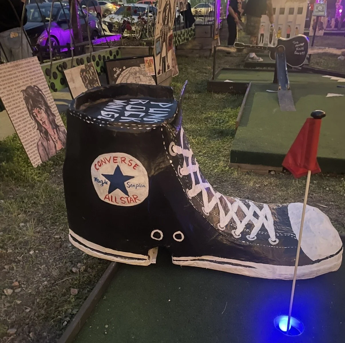 Converse sneaker, cardboard and paper mache, prop for Punk Rock Mini Golf at Maker Park Radio, SINY 2023