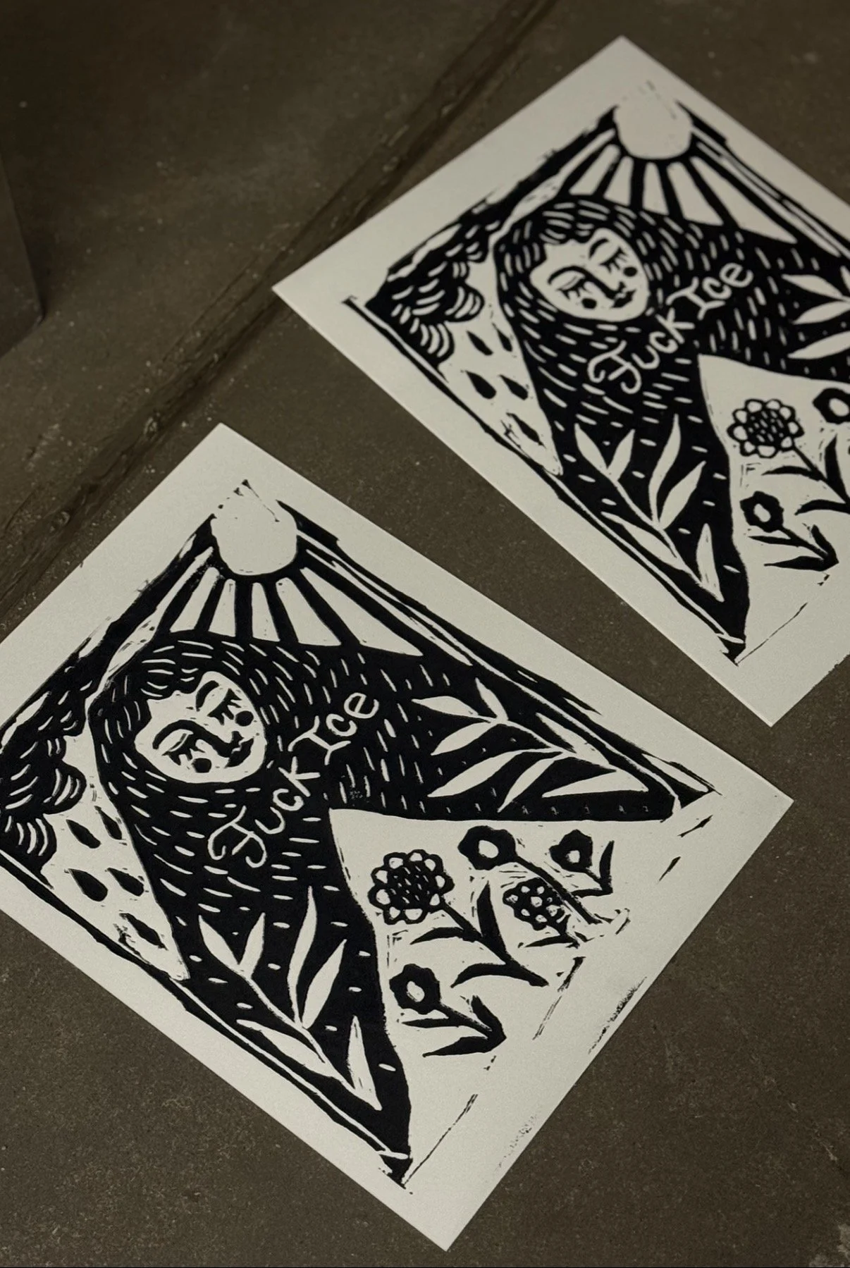 "Fuck Ice", linocut, 2026