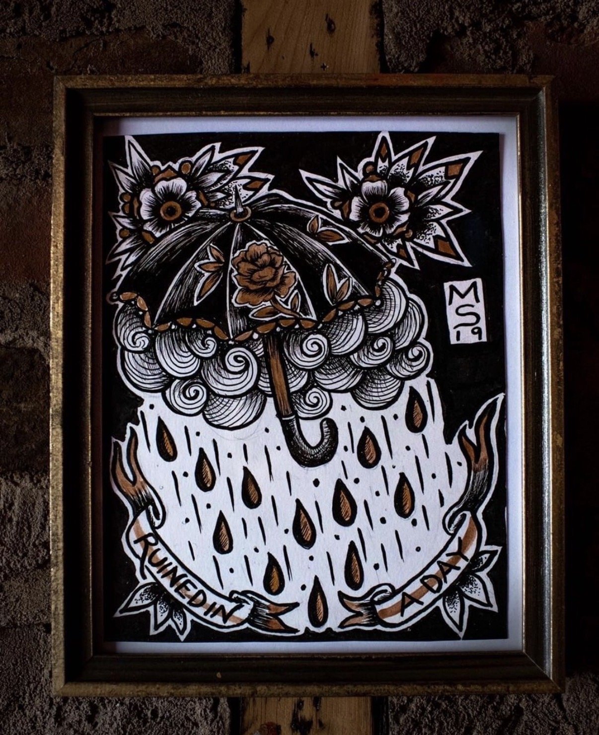 untitled, pen and black and gold ink on board, 2019