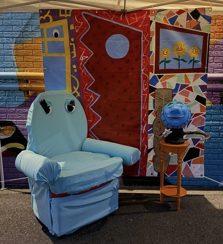 handmade Pee Wee replica set, Chairy made from foam and fabric, Globey is papier mache, backdrop is acrylic on canvas, 2025