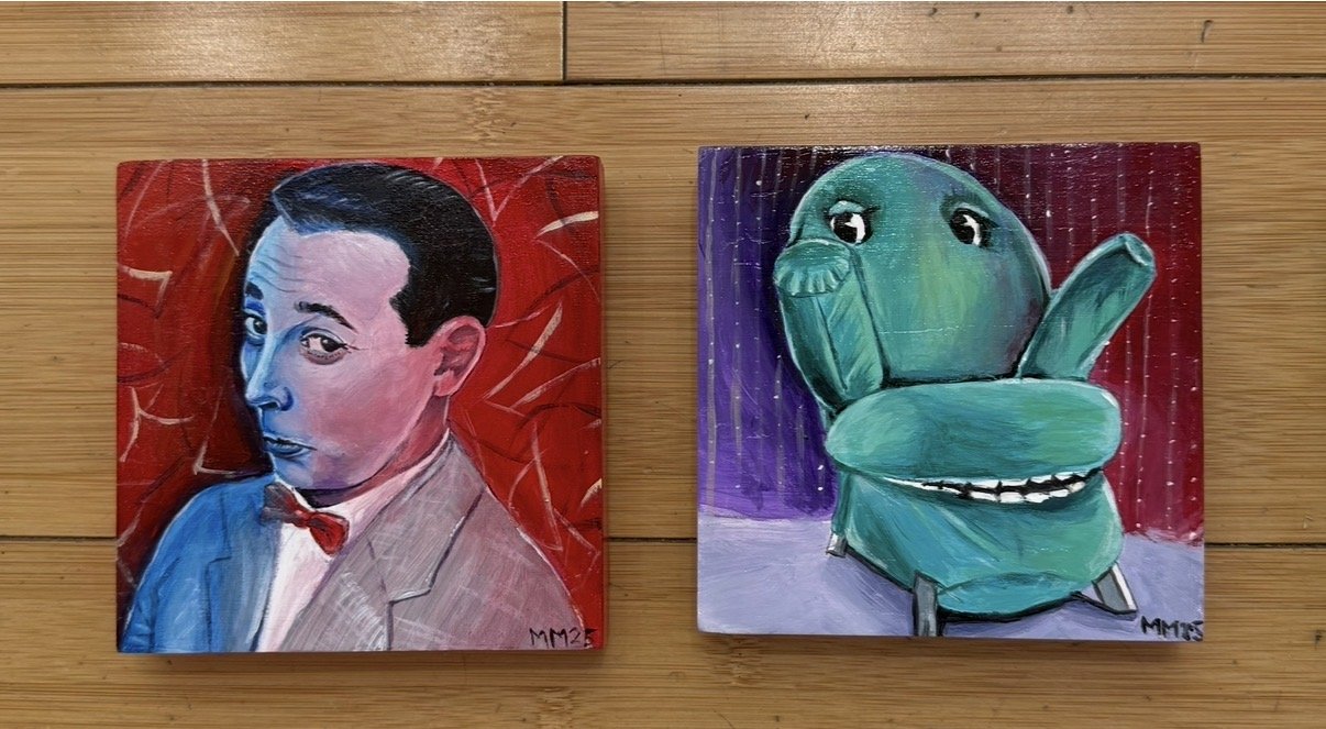 Pee Wee and Chairy, 5"x5", Acrylic on Wood, 2025