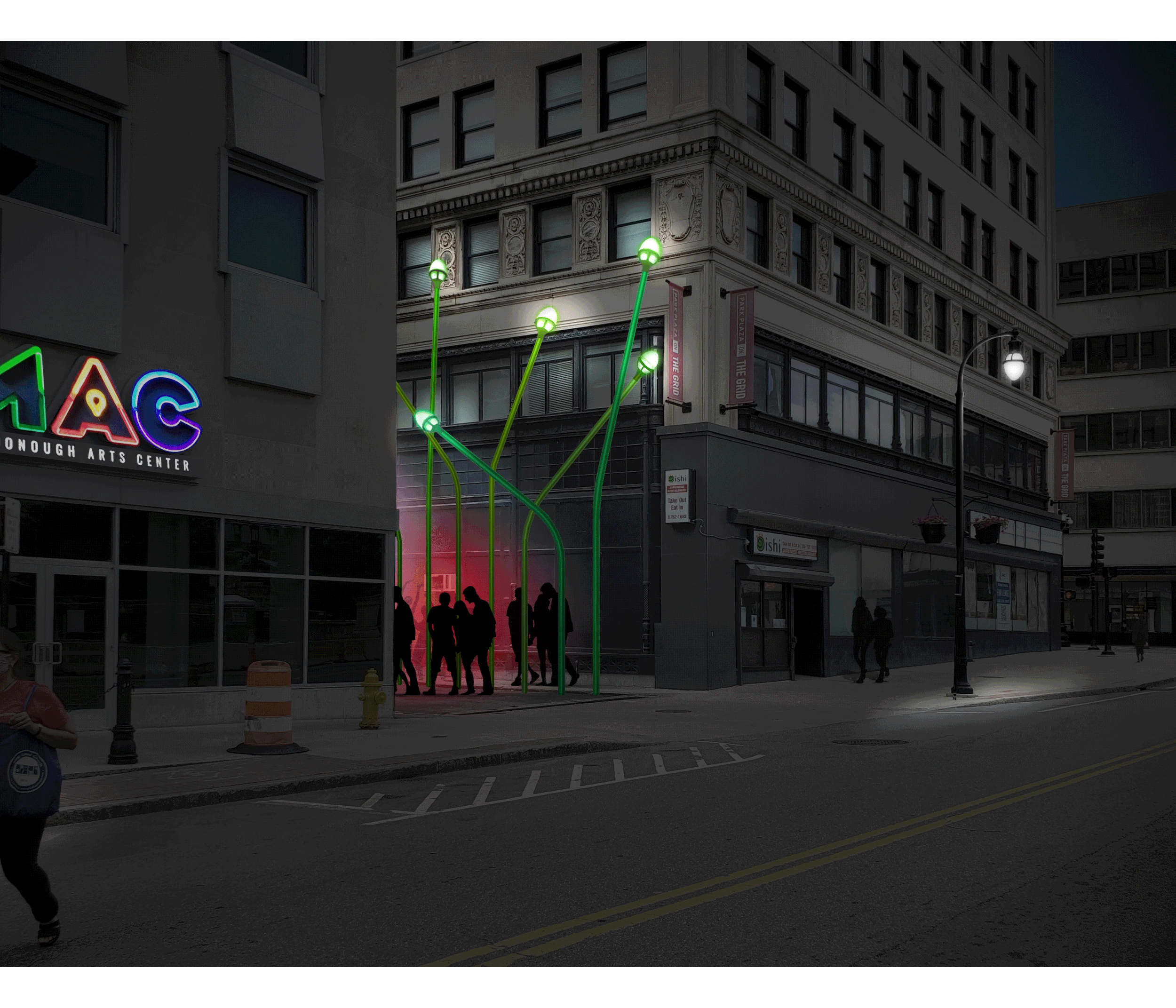 Nighttime street scene outside a building with neon art installation consisting of tall green light poles, people walking and standing near the installation, a streetlamp, and various storefronts.