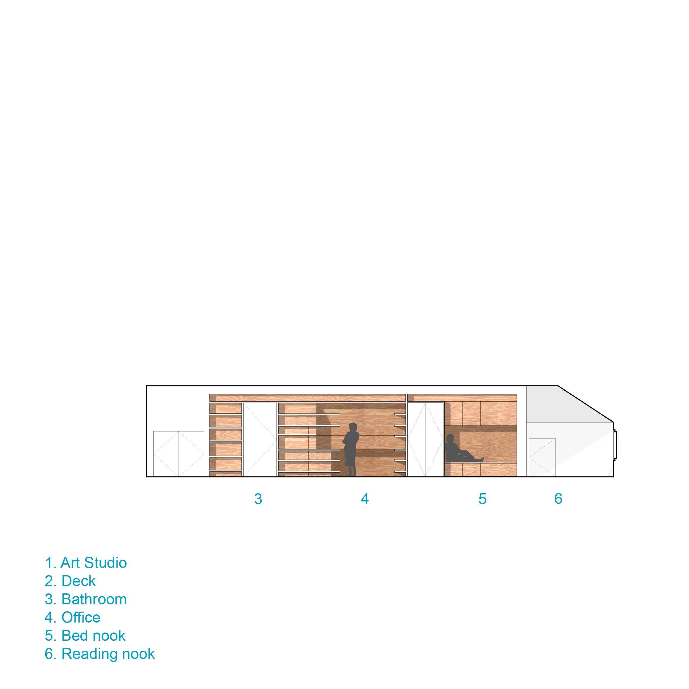 Floor plan of a building with labeled areas including an art studio, deck, bathroom, office, bed nook, and reading nook, along with a textured wooden wall and silhouettes of two people inside.