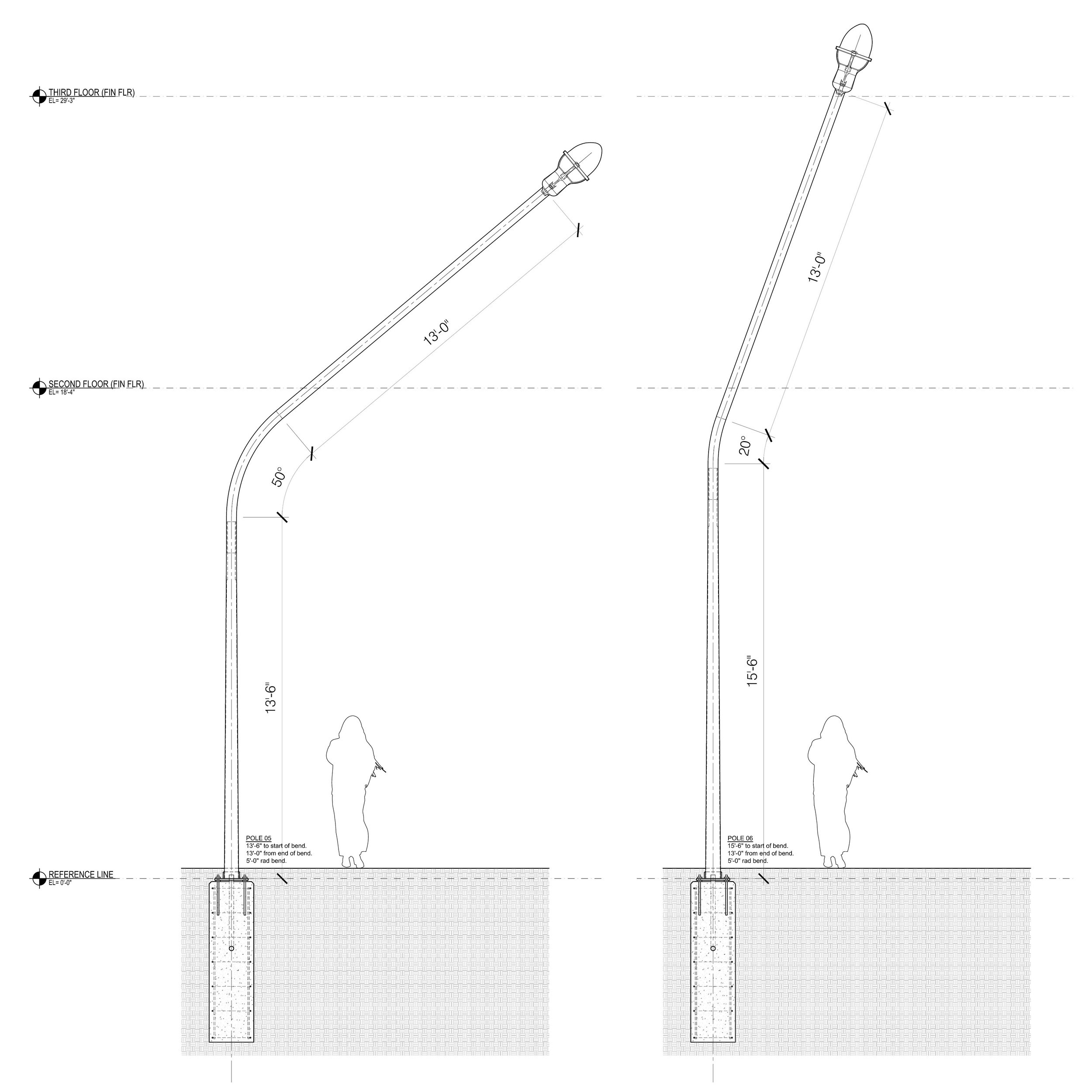 Architectural blueprint sketch showing technical details and measurements for the construction of new building floors. Includes text labels for various floor levels, pole measurements, and reference lines.