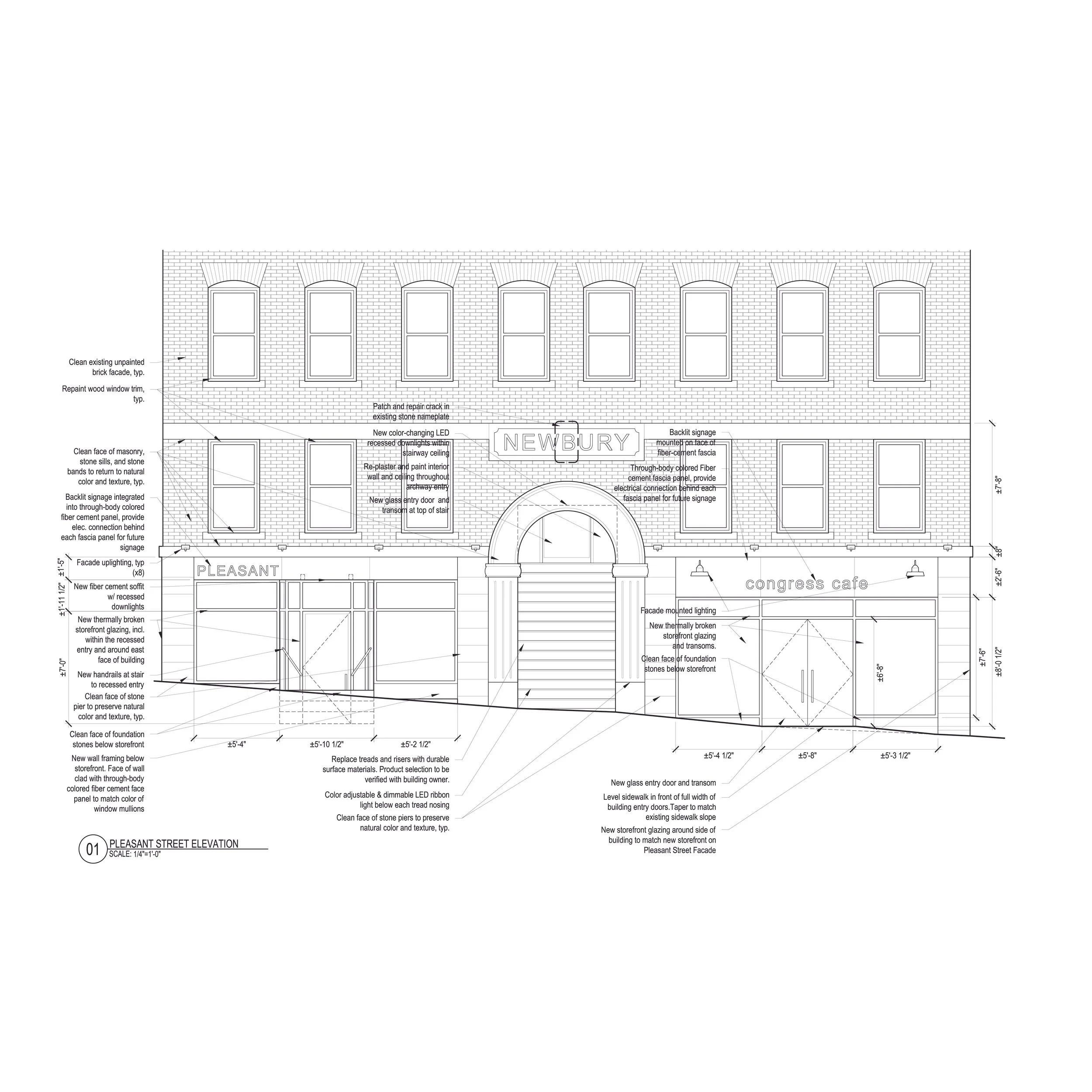 Architectural blueprint of a building facade with notes and measurements, labeled as 'Pleasant Street Elevation'.