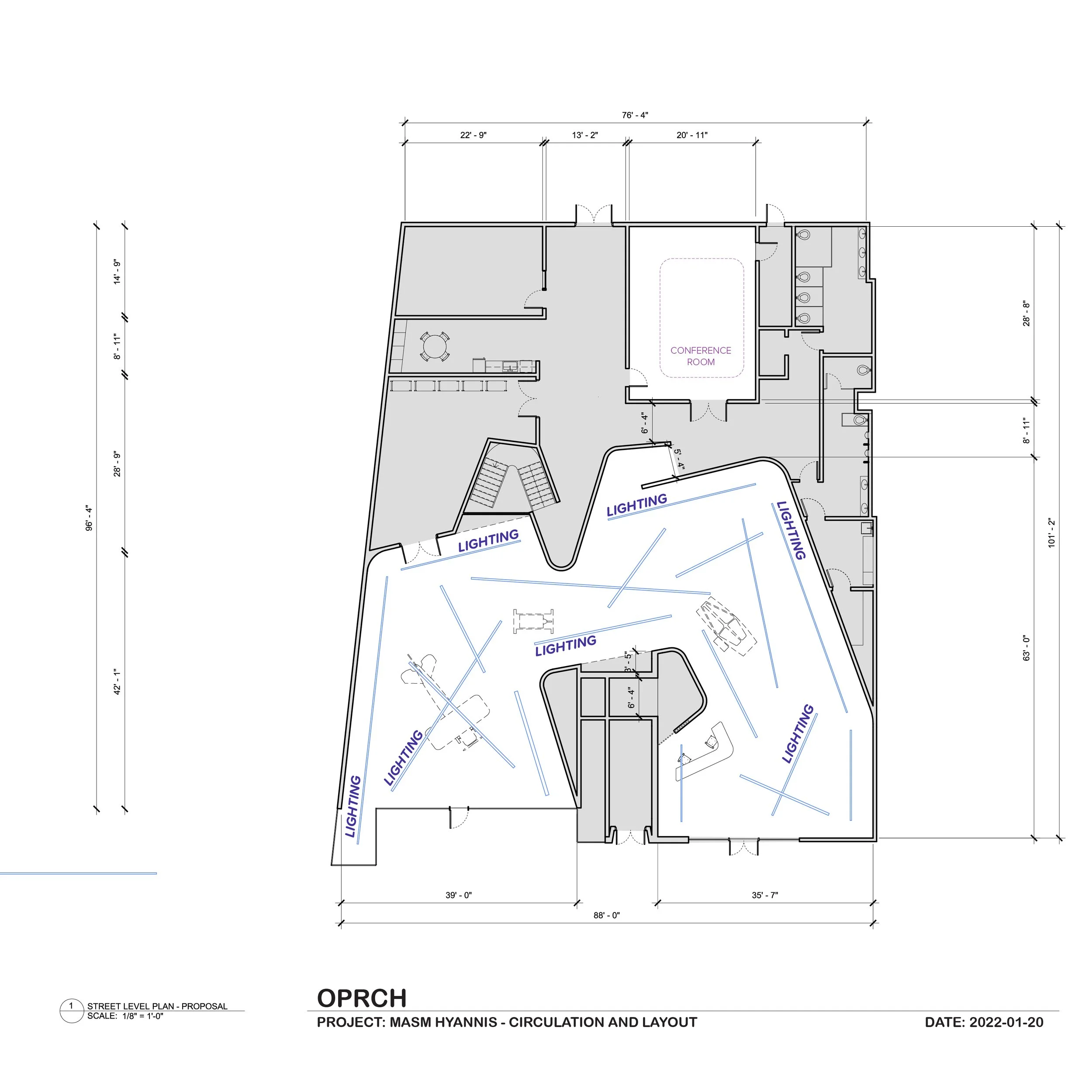 Floor plan drawing of a building layout, including rooms labeled for lighting, conference, and circulation, with measurements for each section.