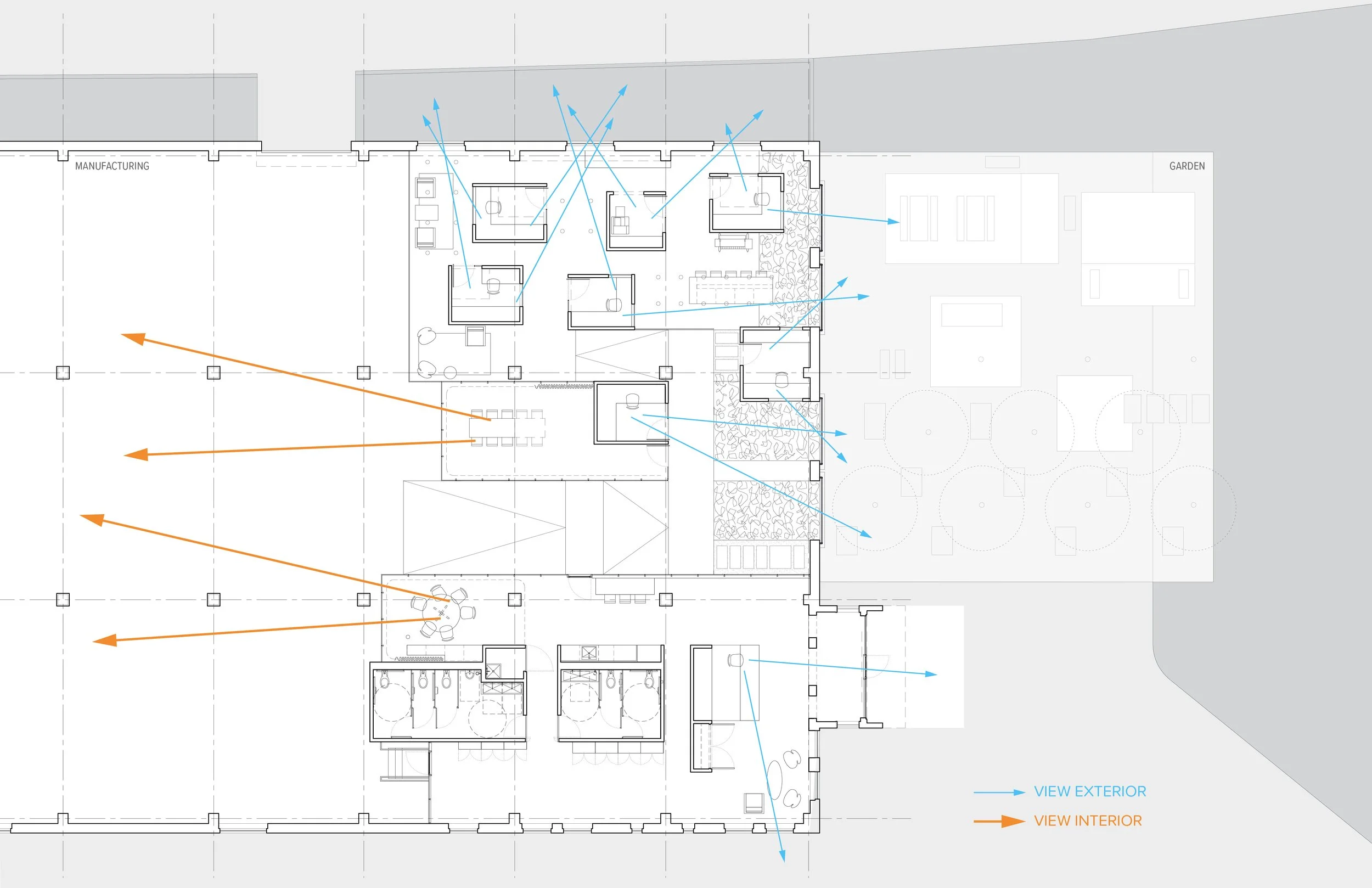 Architectural floor plan with interior and exterior views marked by orange and blue arrows, showing different sections of a building layout including rooms, furniture, and outdoor areas.