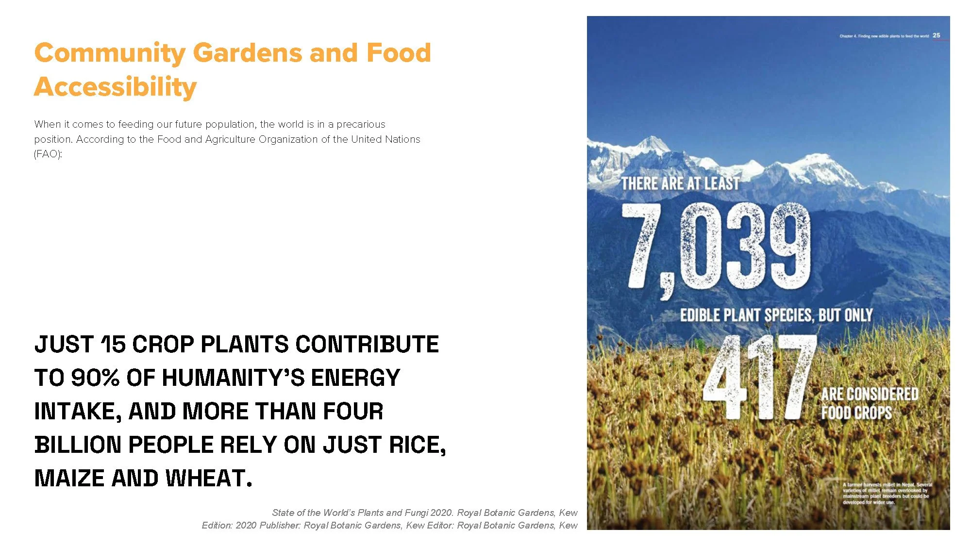 A mountainous landscape with snowy peaks and a grassy field in the foreground. Overlaid text states, "There are at least 7,039 edible plant species, but only 417 are considered food crops."