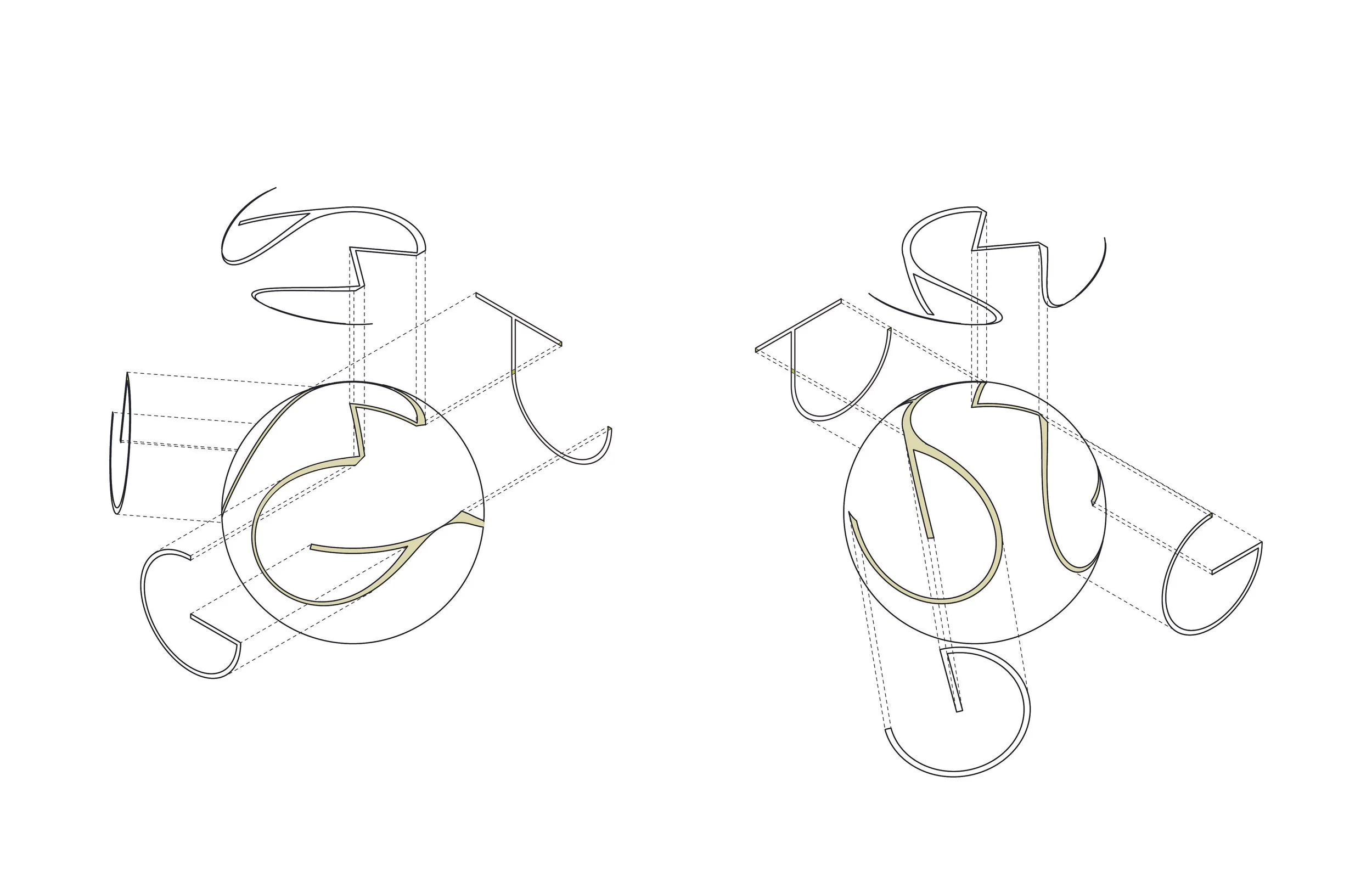 Technical drawing of stylized balloon letters spelling 'YES' in a wireframe style.