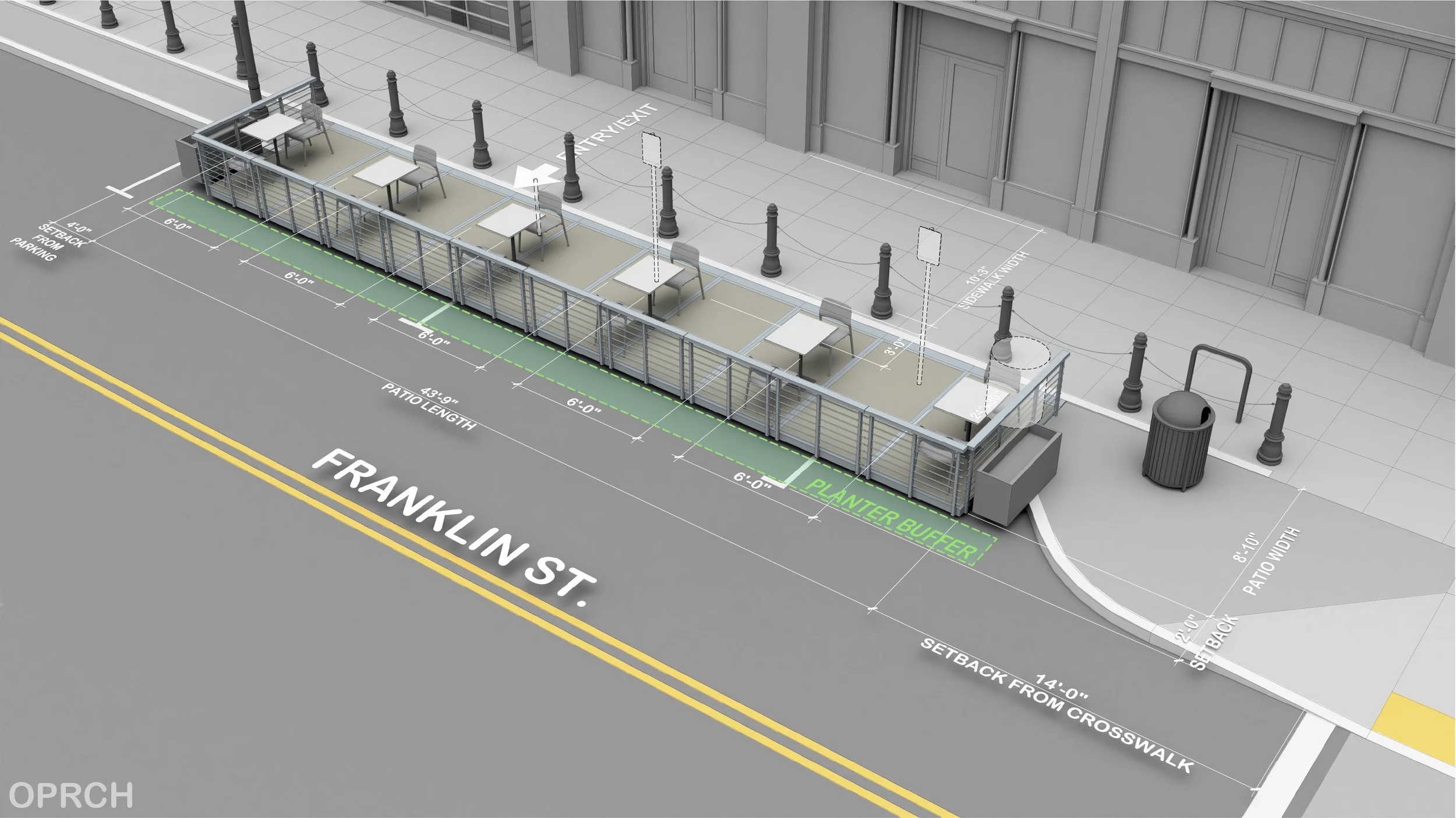 Architectural plan of an outdoor patio area with a railing, several tables with chairs, and sidewalk with street pole lights, adjacent to a building facade. Parking lane with yellow traffic lines visible in foreground.