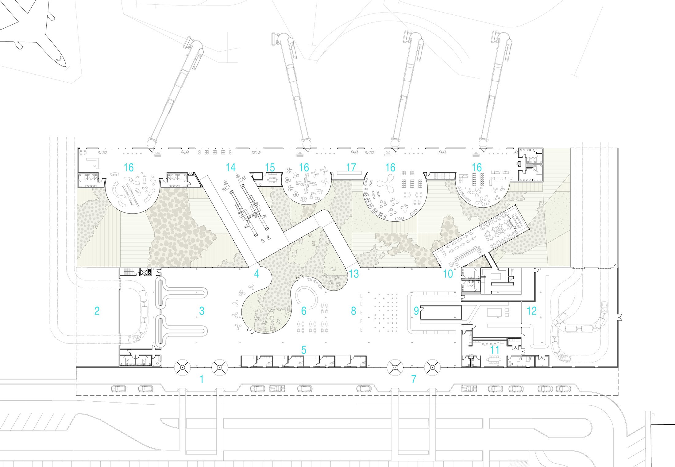 Architectural floor plan showing the layout of a building with numbered sections and surrounding landscape details.