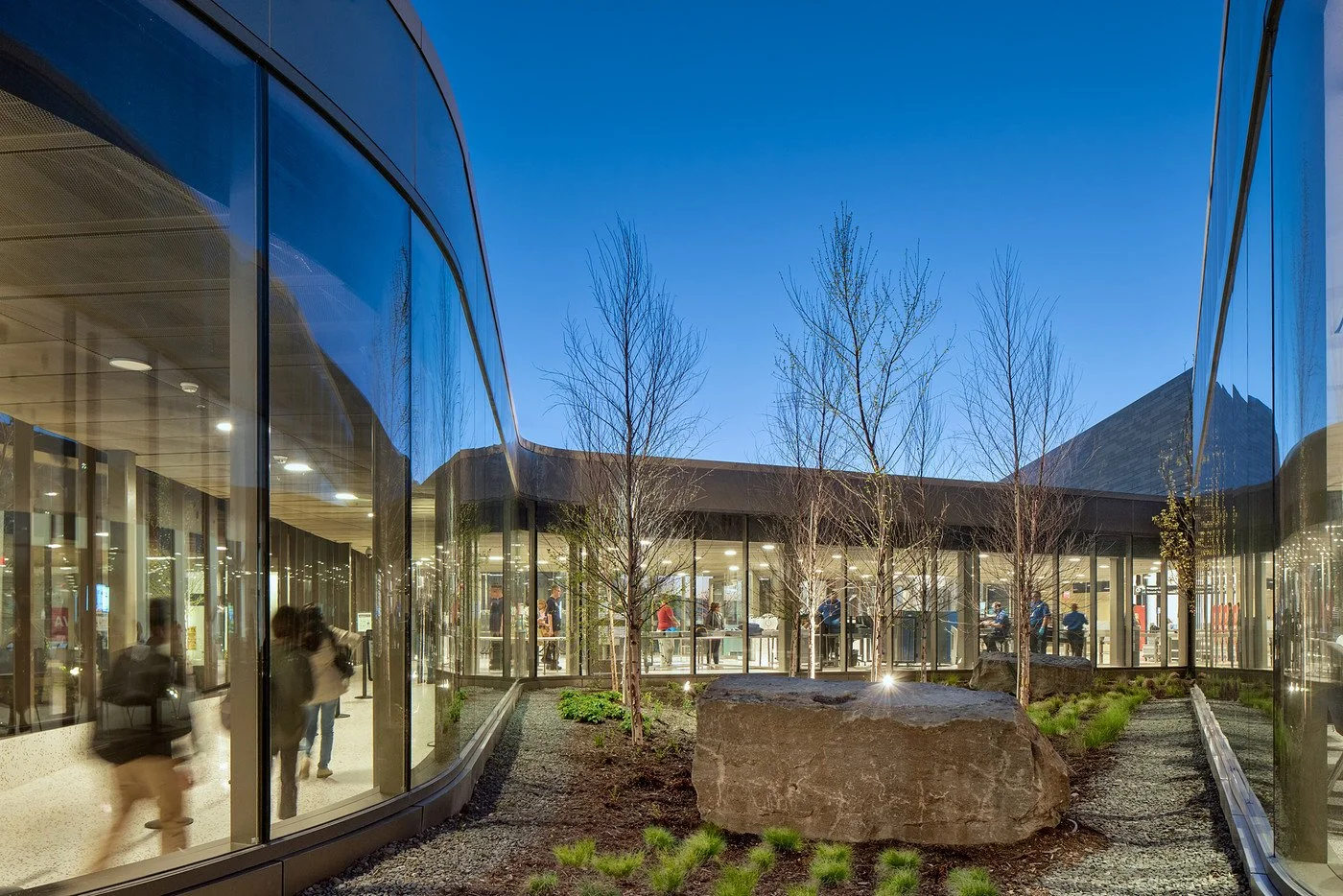 Modern glass building with trees and a large rock outside, people inside and walking by during evening.