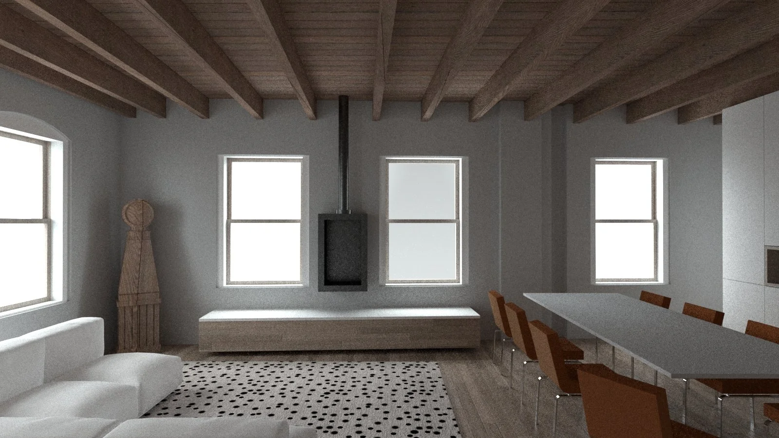 Modern living room with white sofa, polka dot rug, wood ceiling beams, fireplace, and dining table with chairs.