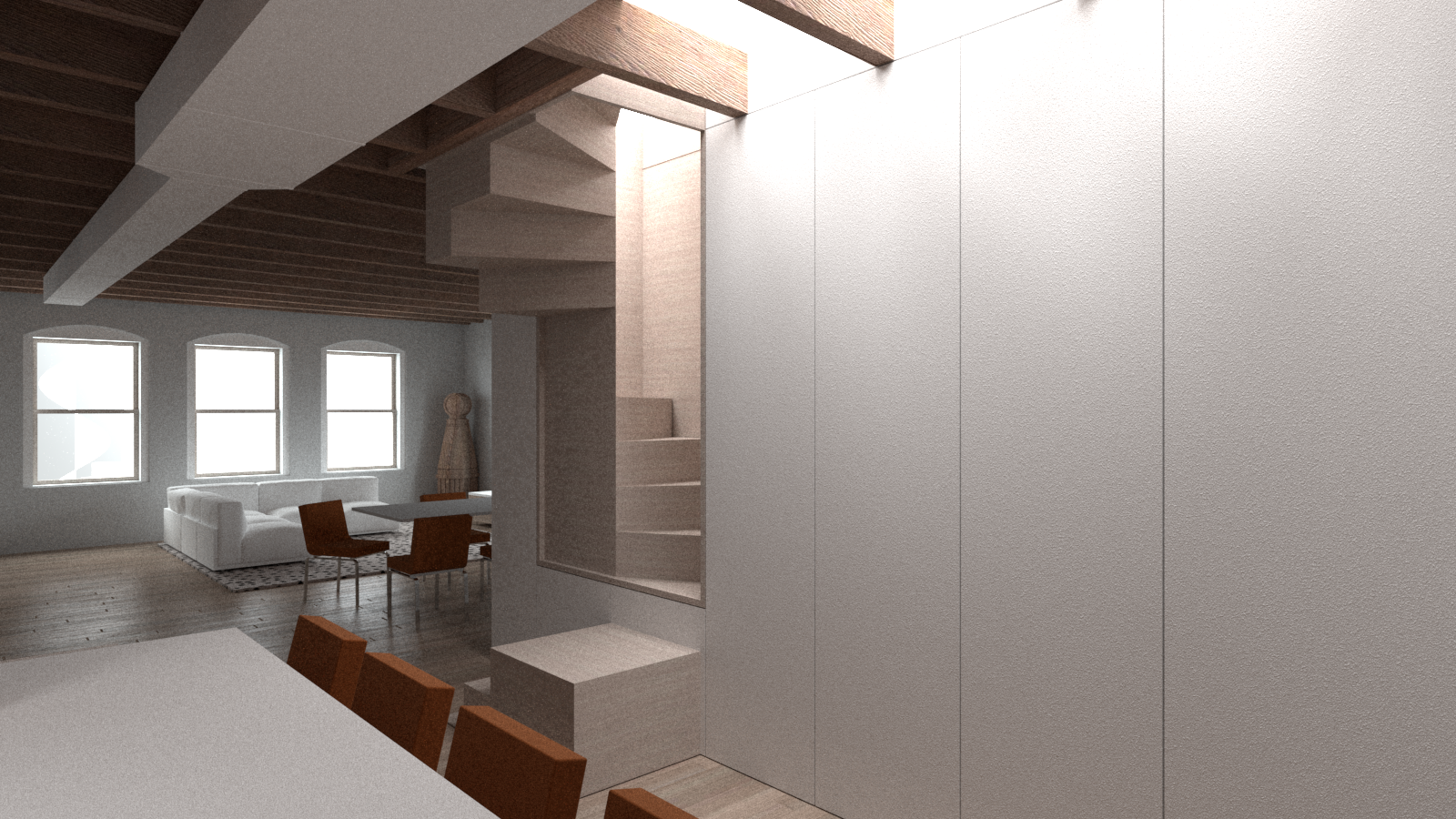 Interior view of a modern home with wood ceiling beams, multiple windows, and a staircase with open risers, including a seating area with a sofa and dining area with chairs.