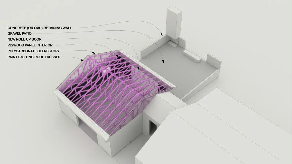 Architectural drawing of a building roof with pink trusses, labels indicating concrete wall, gravel patio, new door, plywood interior, polycarbonate clerestory, and roof trusses.