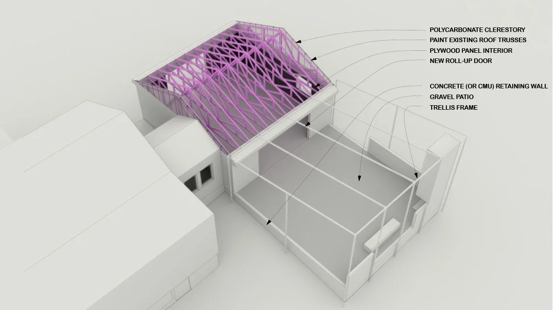 Architectural rendering of a house extension showing roof framing with purple polycarbonate clerestory, new roll-up door, interior plywood panel, and existing roof trusses; also includes retaining wall, gravel patio, and trellis frame.