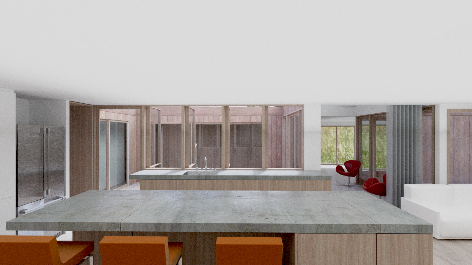 Modern kitchen with a marble island, wooden cabinetry, and a sink, adjacent to a living space with red chairs and large windows revealing greenery outside.