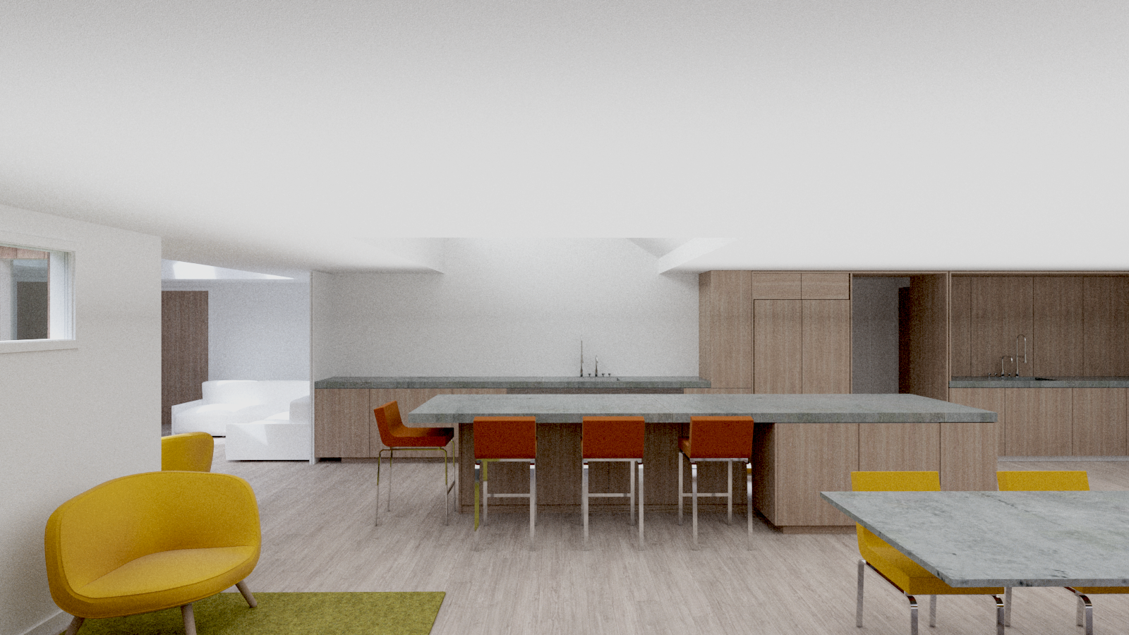 Modern kitchen and dining area with wood cabinetry, marble countertops, orange and yellow chairs, and a small green rug.