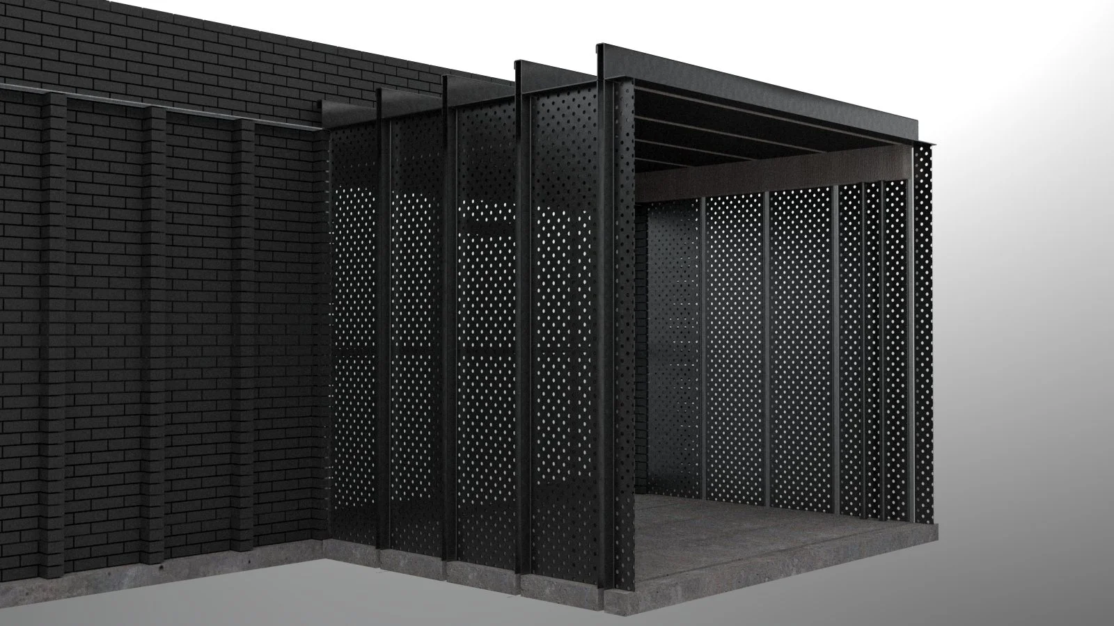 Modern black metal pergola with perforated panels on a concrete patio, adjacent to a black brick wall.