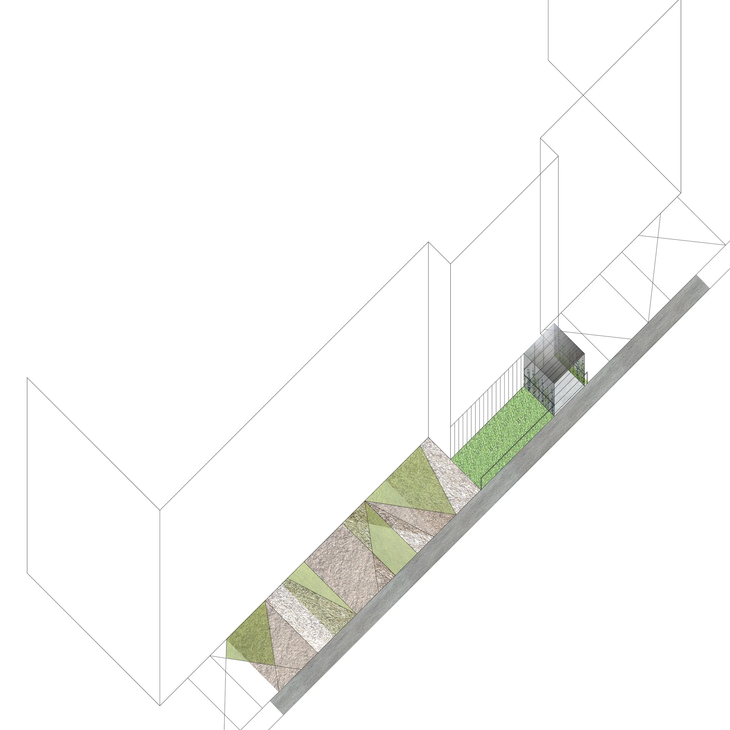 A 3D architectural rendering of a modern building with a landscaped outdoor area, featuring a glass entrance, green grass, and paved walkways.