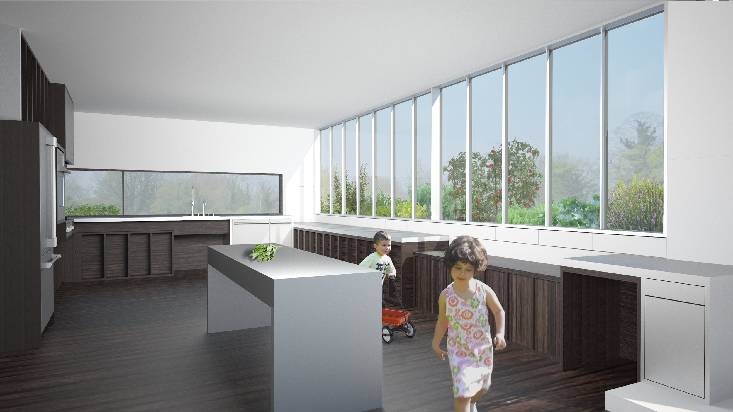 Modern kitchen with large windows overlooking a garden, two children playing inside, one with a stroller, dark wood cabinetry, white countertops.