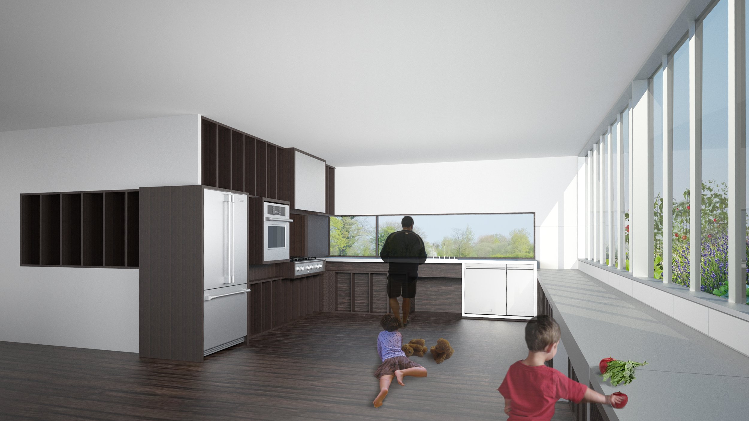 Modern kitchen with dark wood cabinets, white appliances, and large windows overlooking greenery, with children playing on the dark wood floor.