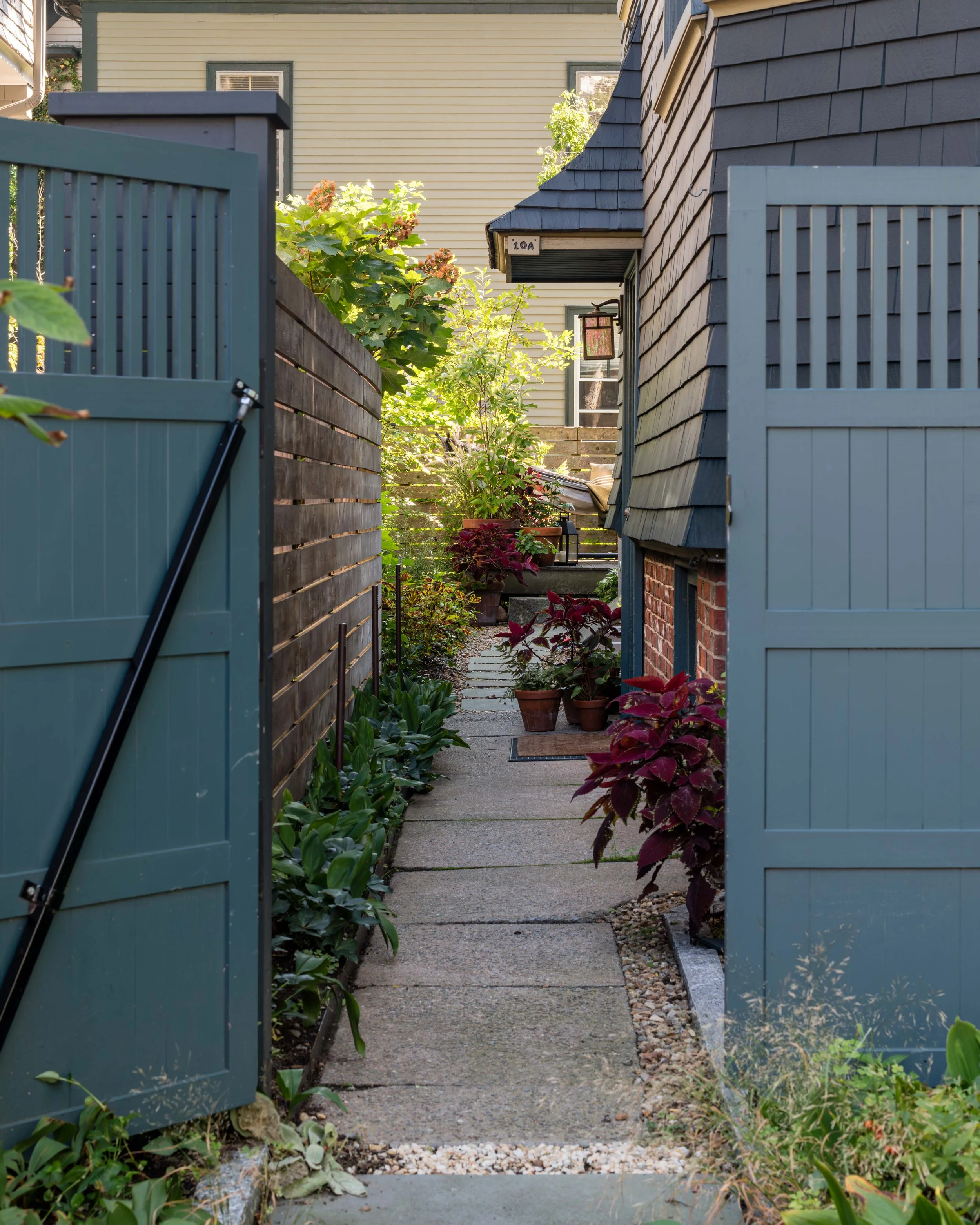 View of a backyard pathway with plants and flowers on both sides, patio paving stones, surrounded by wooden fences and house walls, with a house in the background.
