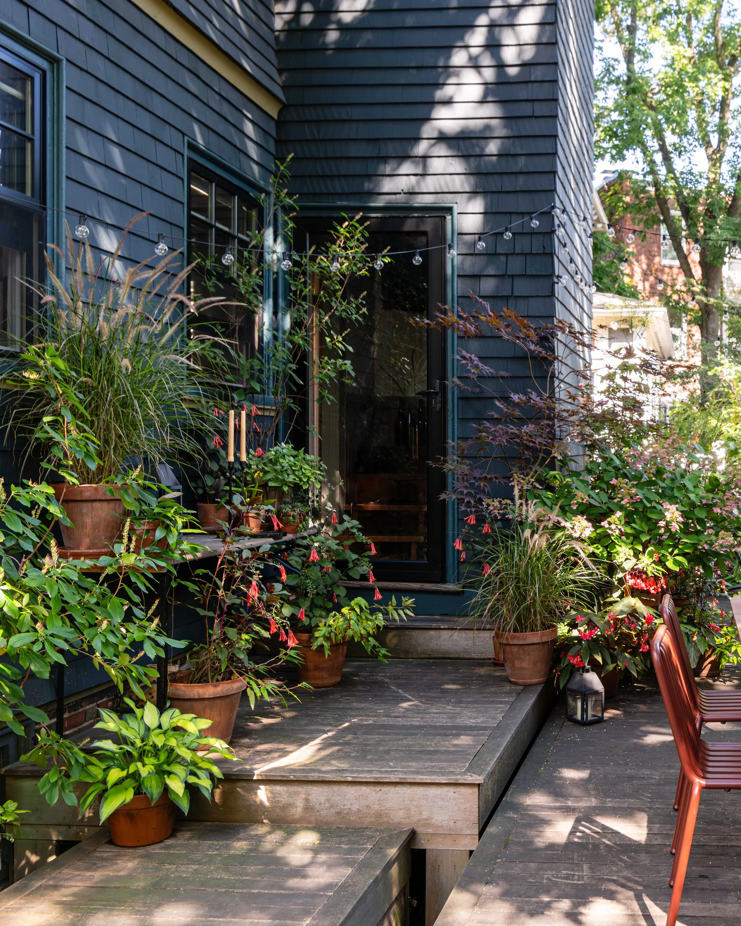 A cozy backyard patio with black shingle siding, potted plants, string lights, wooden flooring, and red outdoor chairs