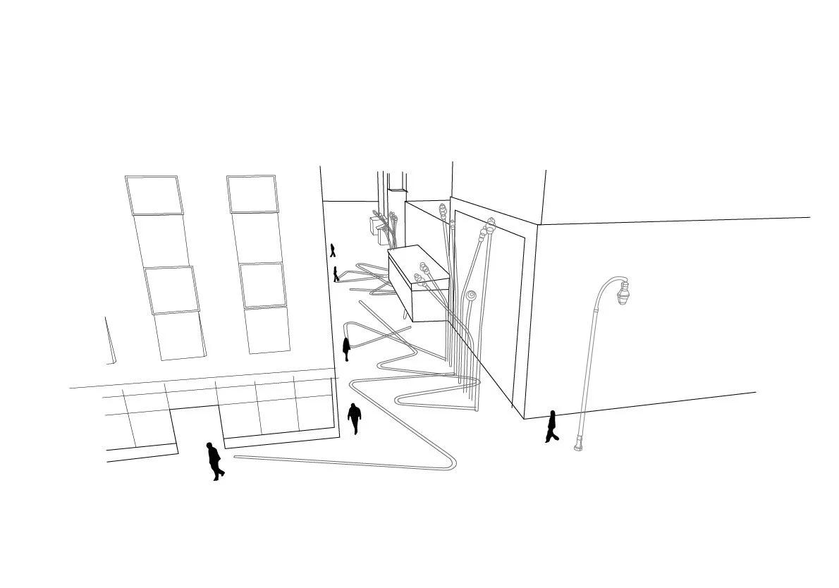 Line drawing of a city street scene with four pedestrians, a building with large windows, and abstract vertical and horizontal elements.