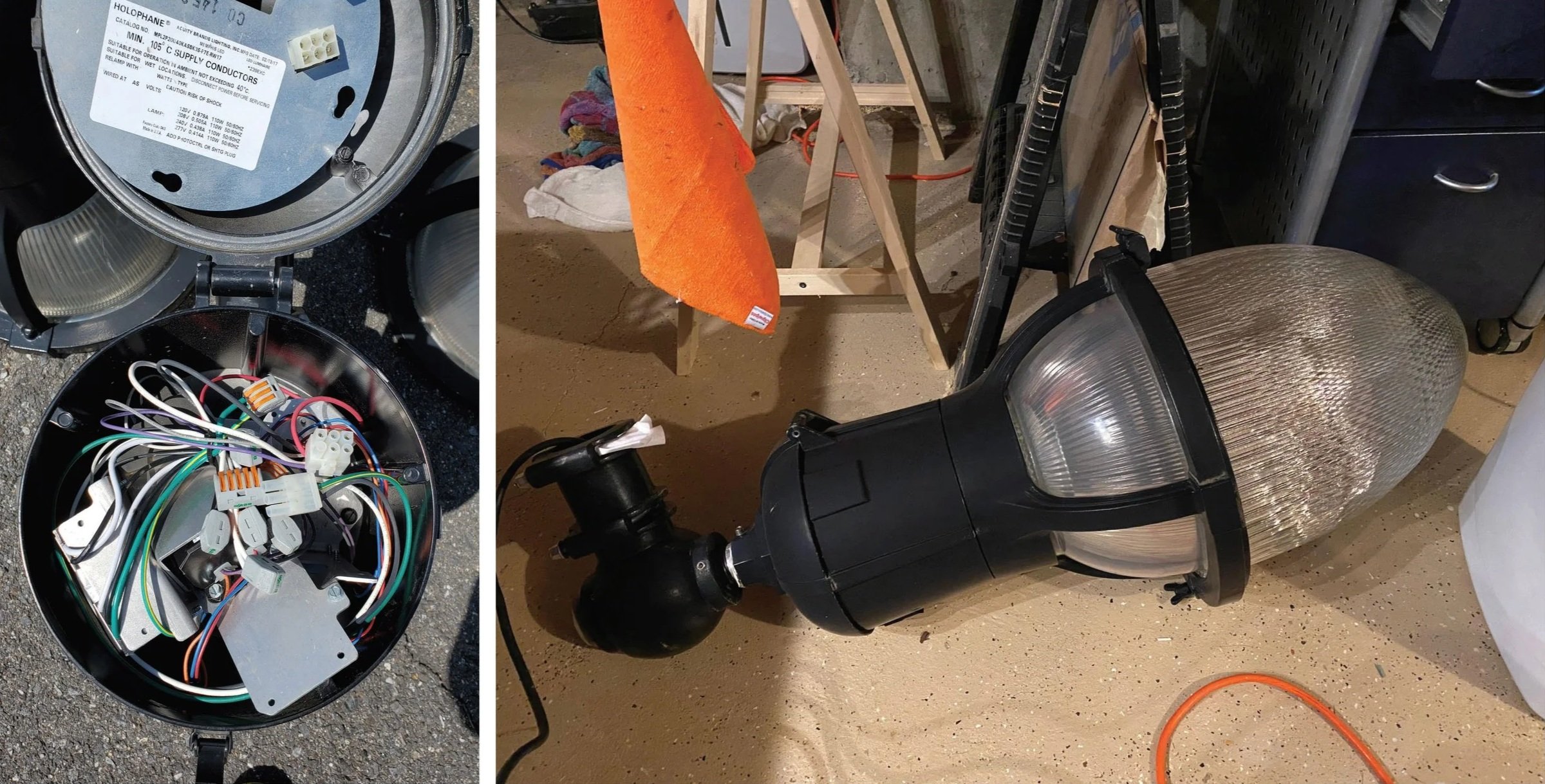 The image shows a collection of electrical components, including a smoke detector with wires and circuit boards, a broken street lamp or outdoor light fixture with a large glass cover, and some construction or workshop tools like a sawhorse, an orang